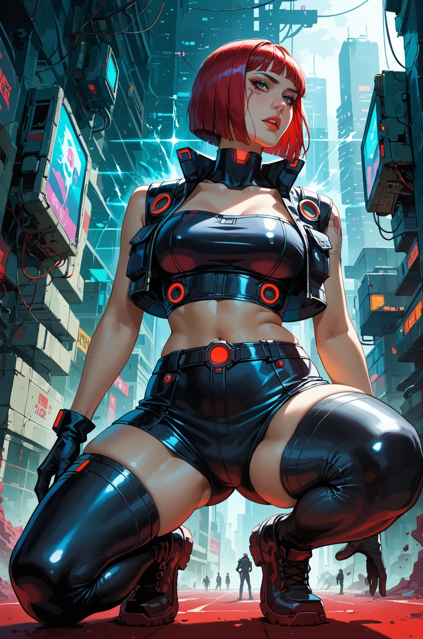 A cybernetic woman with an Asian face and sharp bob cut, strands of hair falling over her forehead, crouches in a poised, sensual stance, ready to strike. Her body is a fusion of organic beauty and advanced technology. A mechanical vest with exposed cybernetic components wraps around her torso, glowing LEDs tracing its structure, a single LCD screen embedded in the center of her chest. Her bare midriff contrasts with the sleek machinery. Below, she wears a stylized Persian shalvar, its fabric flowing yet designed with high slits that reveal her powerful, thick thighs. Thigh-highs and sheer pantyhose further emphasize her legs, blending tradition with futuristic allure. She grips a glowing katana, its energy humming softly, her stance accentuating her curves with both grace and lethal precision. The room around her is bathed in deep red light. A red carpet stretches across the floor, massive red marble monolithic pillars rise around her, and lush red indoor plants in ornate pots add a surreal organic presence to the otherwise ominous space. (anime, cyberpunk, Anime art, BaroCybPnk, baroque, cyberpunk, futuristic)