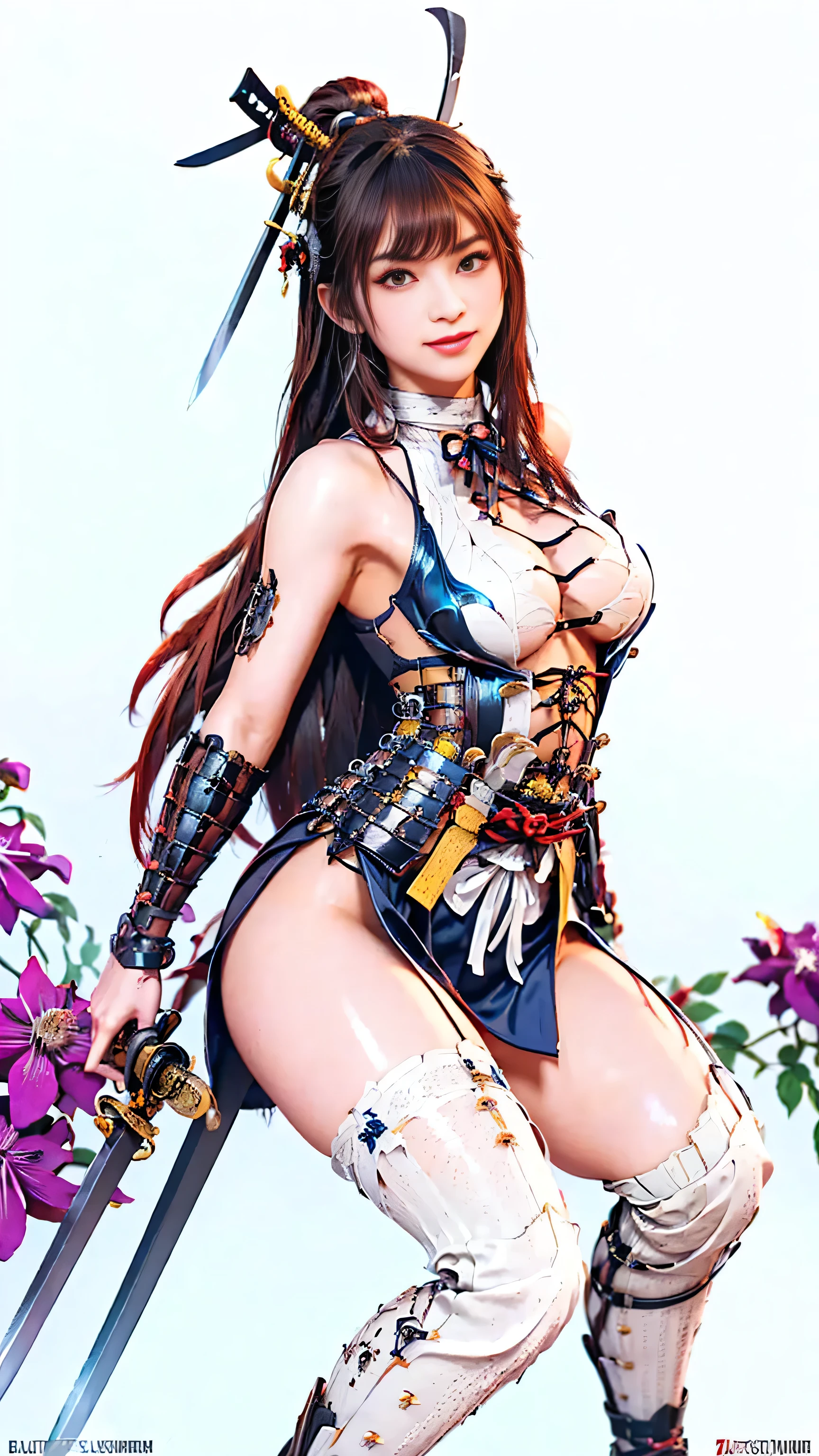 masterpiece,pictures,best quality,8k,best quality,ultra-detailed,super detailed skin,perfect anatomy,detailed,official art,young woman,1girl,Oiran,( wielding a katana with great force),(from front),(battle pose),(Swinging a sword forward in a leaning attack pose:1.6),(very long hair),(black hair),((red eyes)),glistening skin,muscular,(cleavage,large breasts),(seductive smile),(black Samurai armor:1.8),(long from shoulder),gypsy skirt,garter belt,white tights,zettai ryouiki,front light,(high saturation:1.3),(crepuscular rays),(gradient white background:1.6),(A field of blooming Clematis flower in full bloom:1.6),(White lined cape with calligraphy on background"windmill"" written large in red in the center), Brilliant Appearance ,extremely detailed, Imaginative,sensual ,best quality, skin texture,rawpictures, 8k, masterpiece, best quality,fix ultra detail,very detailed, intricate detail ,high resolution,超intricate detail,very detailed 8k cg wallpaper,
