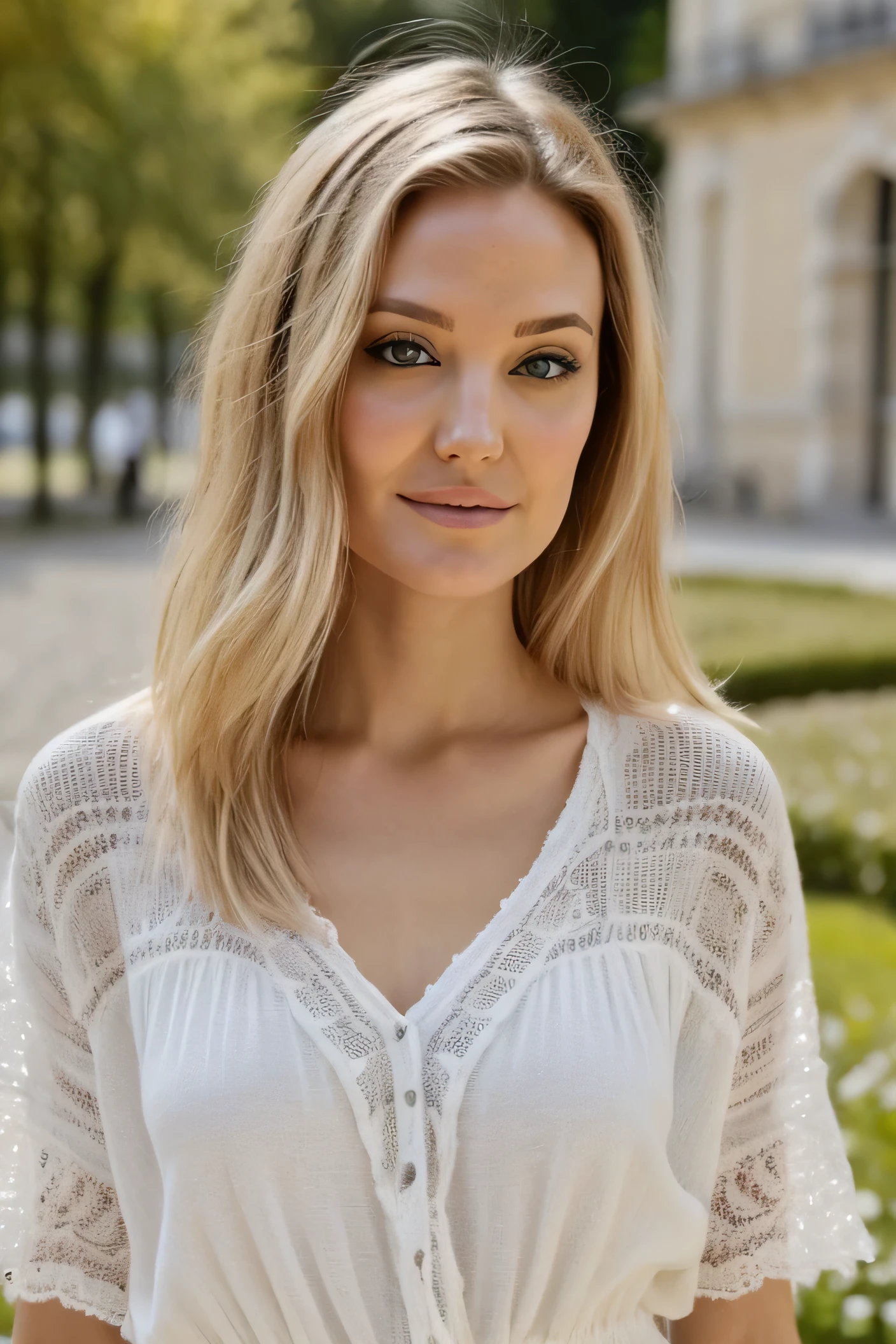 portrait, jolie femme, race blanche, blond, 26 ans, presentatrice, tiens une brosse cheveux, regarde le spectateurs.