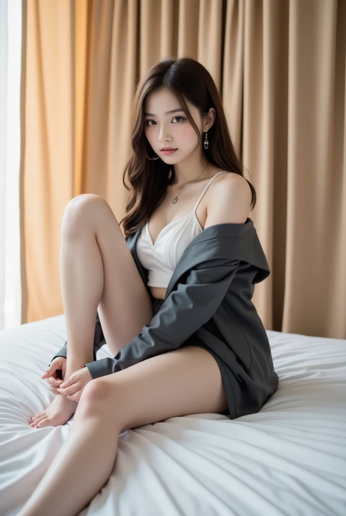 masterpiece, Photo-realistic, best quality, 8k ultra-detailed, illustration, Warm light, full body photo, (paisura:1.4), 1girl, 10 years old, Baby Face, No makeup, hair tie, tiny breasts, super small breasts, Both eyes are equal, black eyes, necktie, black hair, bedroom, between breasts, Bra with cute prints, panties printed with cute patterns, legs spread apart, lying down, Wet clothes, wet hair, sweat
