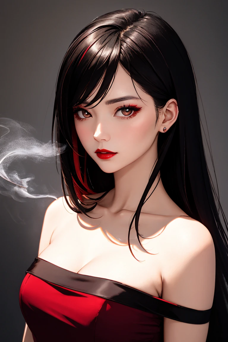 Beautiful tall woman with black hair and red eyes super realistic and well detailed