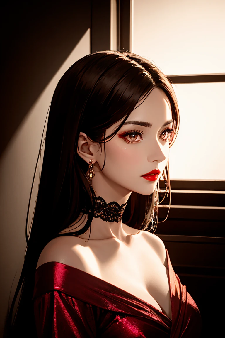 best quality, masterpiece, highres, 1girl, hanfu, white and even teeth, chinese underwear, hair ornaments, necklace, jewelry, crown jewelry. Pretty face, upper body, magic import style, tyndall effect, photorealistic, dark studio, border light, two tone light, (high detail skin: 1.2), 8k uhd, dslr, soft light, high quality, volumetric light, candid, Photo, high resolution, 4k, 8k, Bokeh, (light pink lips), 1 beautiful demon from hell, In the Dark: 1.6), surreal female portraits by David Hockney and Alphonse Mucha, fantasy art, photorealism, dynamic lighting, station art, posters, volumetric lighting, highly detailed faces, super 8k, Awarded, in the dark, deep shadow, low light, cowboy lens, (Red phoenix dress: 1.4), long hair, black hair, bust, palace luxury, Royal style, crown devil, red eyes with very sharp and detailed makeup, Best face, Very big and round and round breasts, Surreal, chinese women's clothes, turtleneck polo shirt, charming smile, Beautiful eyes makeup, guweiz, devil style, black mesh stockings, ponytail with a bow at the back, dark red lips, Devil tattoo on shoulder, wearing a thin red and black shirt , cape, overcast and thundering landscape, (Portrait), Protagonist Close-up, (Background detail 1.8),