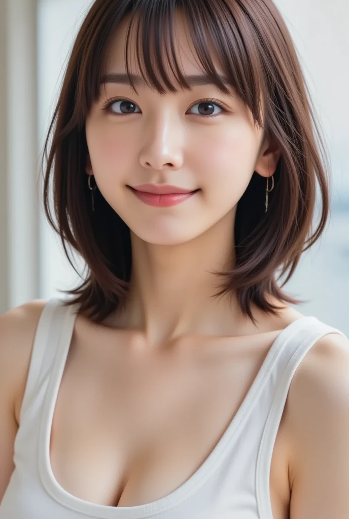 (Top Quality, 8k, 32k, Masterpiece, UHD: 1.2), 1 girl, 18 years old, Beautiful perfect face, pretty Japan, Big, Holiday, Soft smile, Beautiful eyes, Intricate details, Fine-grained skin, Short hair,