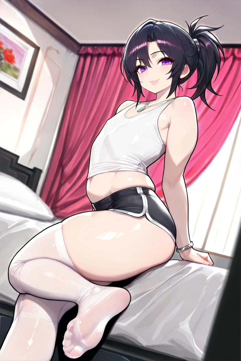 masterpiece, best quality, highres, nishikino maki,purple eyes, black hair, sexy, black crop top, fishnet sleeves, love live , breasts apart , (sagging breasts:0.7),black mini skirt, fishnet thighhighs,thicc thighs, narrow waist,goth , on purple bed, laying on back, arms up