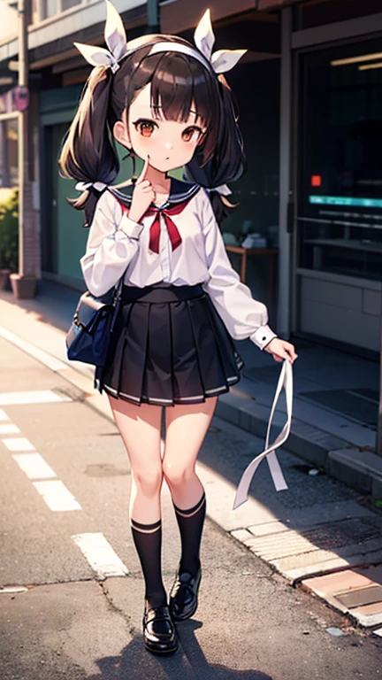 masterpiece, highest quality, High resolution, question 1, 1 girl, alone, hair ring, Pom Pom Hair Ornament, sailor collar, long sleeve, short bob,bob hair, striped skirt, beret, blush,smile, wearing randoseru backpack,Clothes are transparent,nipple,big breasts,young girl,Clothes are transparent 、、Kindergarten children、sit with your legs apart、Cute patterned panties、blush、embarrassed expression,clothes get wet,Nipple shows through