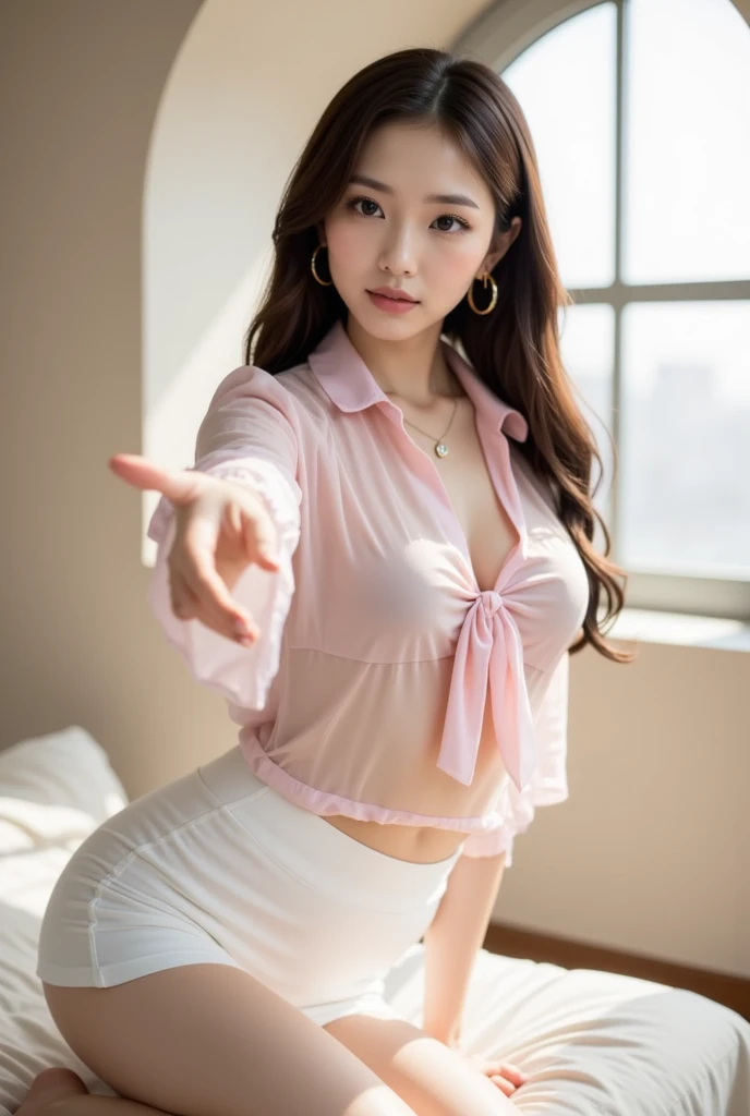 (((pink collared police officer shirt))),(((bare side breast))),(((bare inner thigh and pink over-kneehighs))),(((show pink panty))),(((wear a pink tie and cleavage pink cutout))),(((wear a regulation pink police cap and pink tulle miniskirt lift:1.5))),(((bare shoulders and detached sleeves))),ulzzang-6500-v1.1, (Raw photo:1.2), (Photo realistic:1.4), a beautiful detailed girl, extremely detailed eye and face, beautiful detailed eyes, ultra-detailed, High resolution, top-quality, masterpiece, highly detailed, 8k wallpaper, Wonderful, finely detail, top-quality, Light on the face,电影灯光,1girl in,(prison bedroom),Beautiful eyes,smile,Opening Mouth