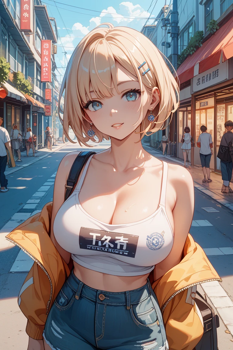 a 20 yo woman、(masterpiece:1.4)、(in 8K、realisitic、Raw photo、top-quality:1.4)、(Real Face:1.4)、(real looking skin:1.3)、超A high resolution、Black eyes、piercings、Blonde Bob Cut、Street fashion、caps、print t-shirt、JINS、(huge-breasted:1.5)、Blushing、alluring face、natta、live house、to stand