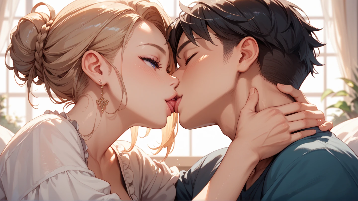 expressiveH, score_9, score_8_up, score_7_up, score_6_up, source_anime, masterpiece, best quality, ultra-detailed, higres, 1boy, 1girl, mature female, mother and son, kid, tall female and short male, loving expression, mommy, older female, spit, large butt, wide hips, curvy, close shot, standing, upper body, accurate describe shapes, dramatic lighting, outdoors
