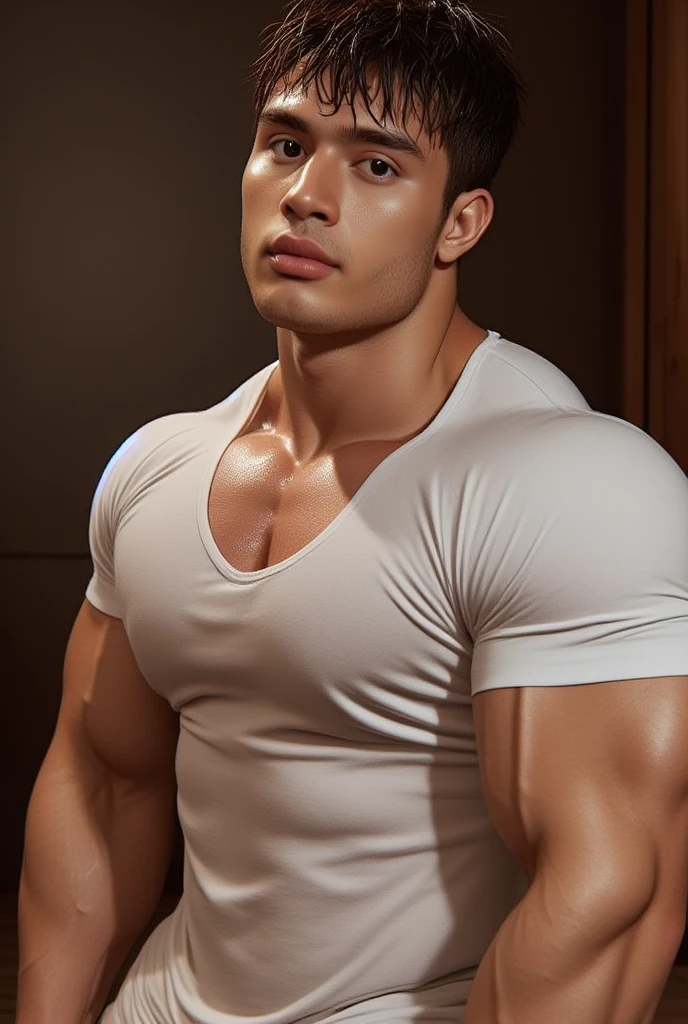 wide angle,(masterpiece, best quality:1.2), 1 person, Single attractive man,With eyes like heaven, delicate brown hair, magic , Beautiful appearance, Mysterious smile, Very beautiful face , Detailed facial images, Large Breasts,Long nipples , Full and swollen chest muscles,naked ,Thong,Big bulge,Handsome man! Diamonds in the ears. He has a gold chain around his neck.,Highest quality full body photos of cute boys!Perfect hand details