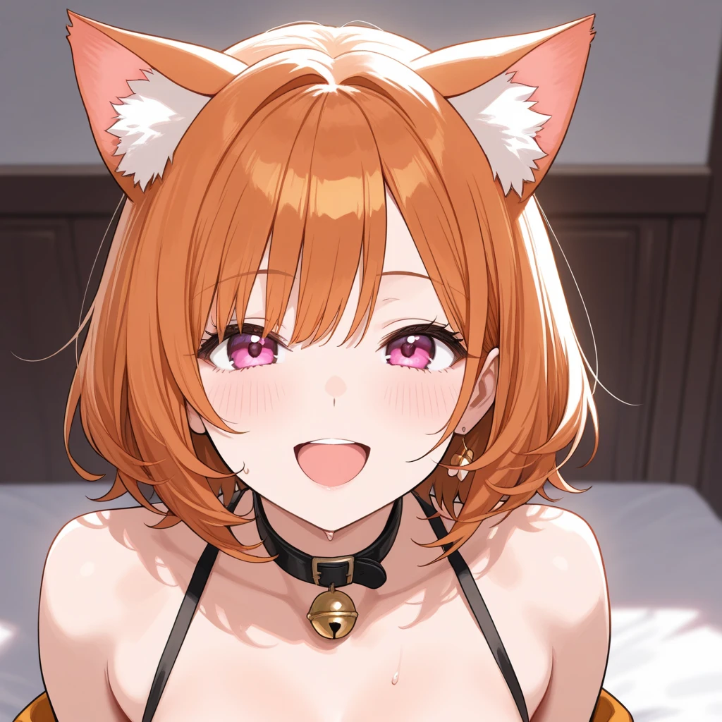 masterpiece, best quality,realistic,absurdres,1girl,looking at viewer, tongue, ahg, ahegao, living room, skinny, orange hair, fox ears, short hair, messy hair, red kimono big boods