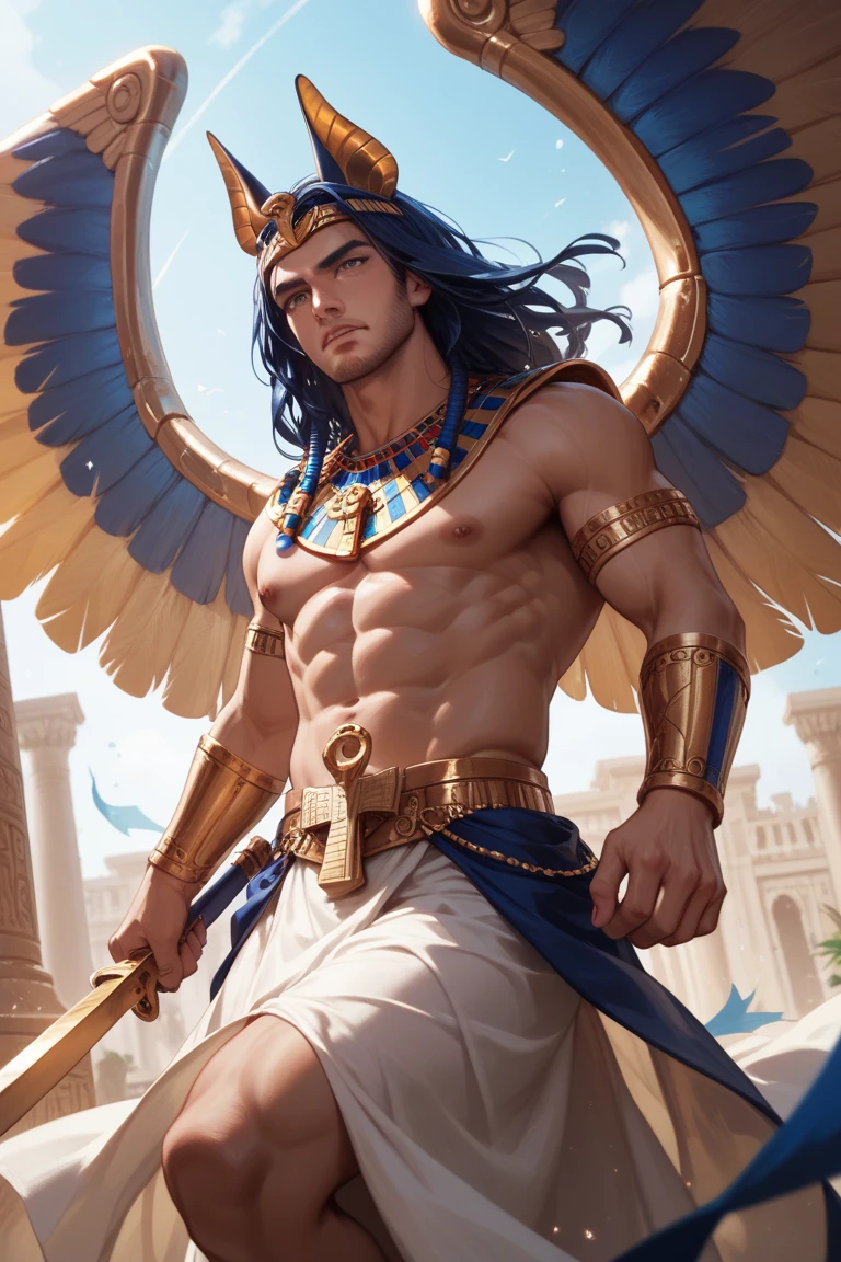 There is a man in a costume standing in front of a building, ghost photo des, Anubi Horus, Egyptian God, Horus god, Egyptian god, Horus portrait, Angry God Horus, Egyptian God storm, Pharaoh, Egyptian wind god, Egypt God, Horus Valkyrie Mystique, Reptilian Anubis, Egyptian warrior --auto --s2