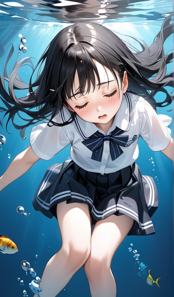 score_9, score_8_up, score_7_up, source_アニメ, masterpiece, 1girl, work, blue dress, white sailor collar, red bowtie, white long sleeves, full body, looking at viewer, indoors, open mouth, Water Play, Primary school students、Skirt fully open、Long wide skirt、cute、White underwear、blush、Watery eye、spring、Lots of water、Wet、((The skirt spreads over the water surface.))、(Drowning)、Underwater Shot Of The Swimming pool