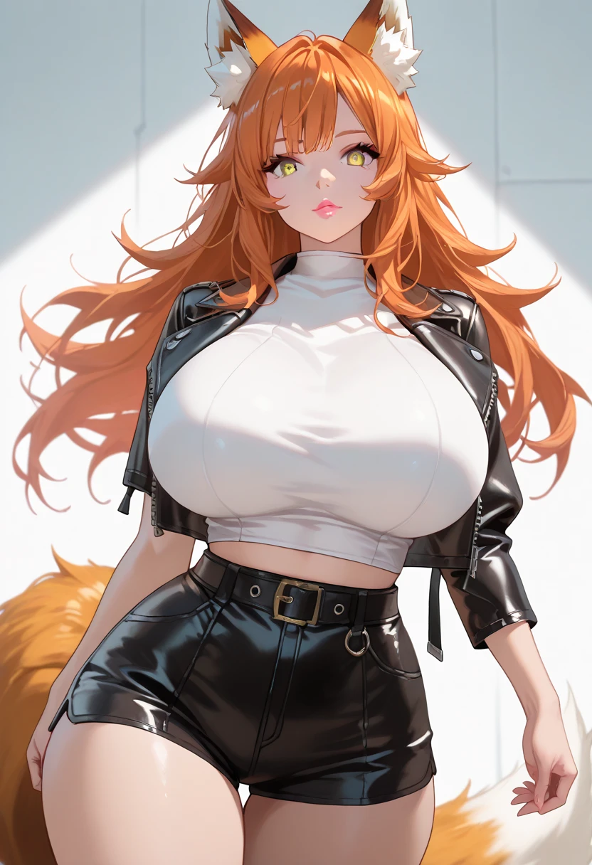 score_9, score_8_up, score_7_up,cowboy shot,
1girl, solo, rabbit girl, (orange rabbit ears, animal ears, very long tail, no human ears), long wavy hair, orange hair, bangs, green eyes, huge breasts, skinny, narrow waist, long legs, barefoot, big feet, halo, pale skin, smile, parted lips, white sweater, white shorts, uniform, zippers, buckles, straps, anklet, outdoors, grass, trees,