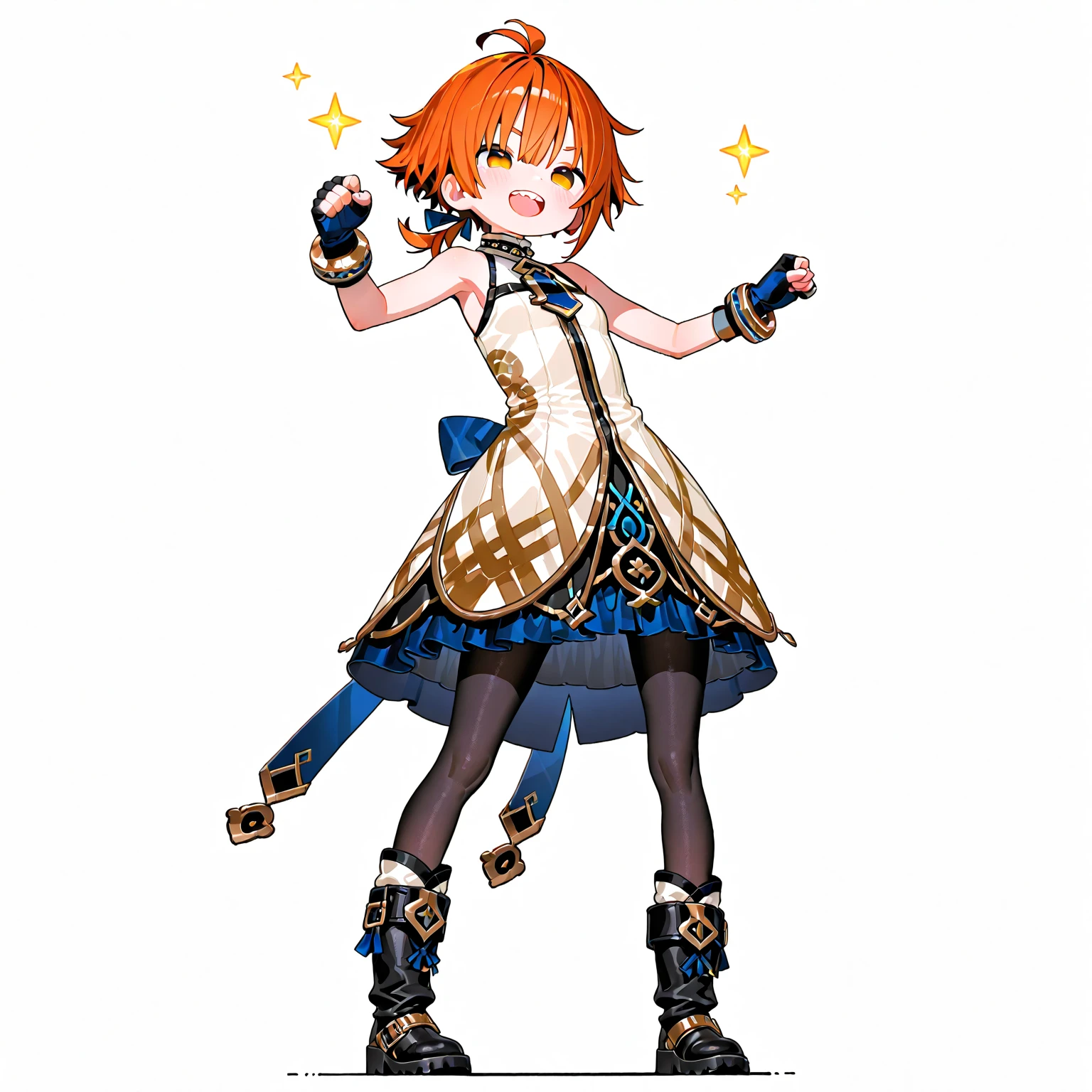 (A girl with orange hair), Orange-blue tones, orange hair,blue eyes ,Expressive hair, Smile, Anime style, hyper HD, retinas, Masterpiece, cinematic lighting, ray tracing ,(yellow school uniform),sparkle