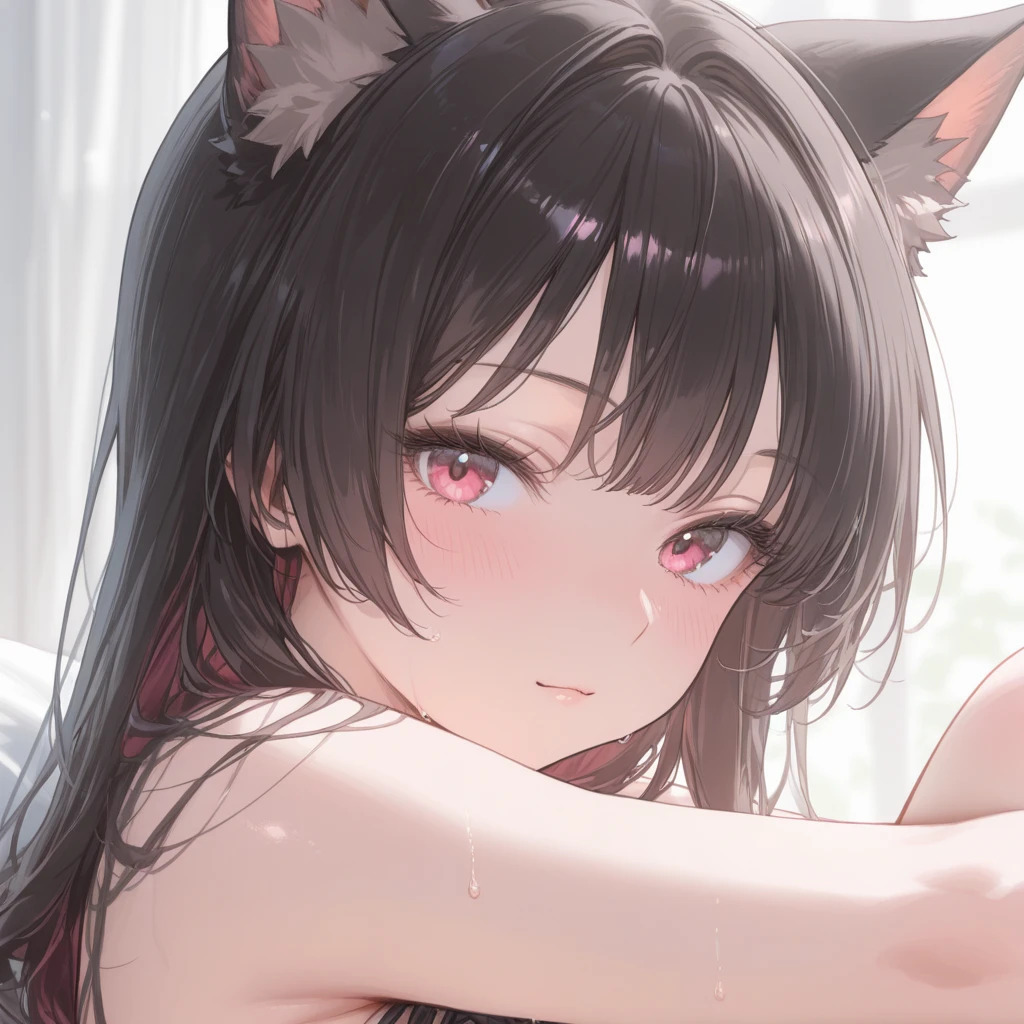 Small breasts,Wolf Ears,Six-pack,Slimming,Red hair mixed with purple,Clothes are open,Half naked,My whole body is wet,Lying in bed