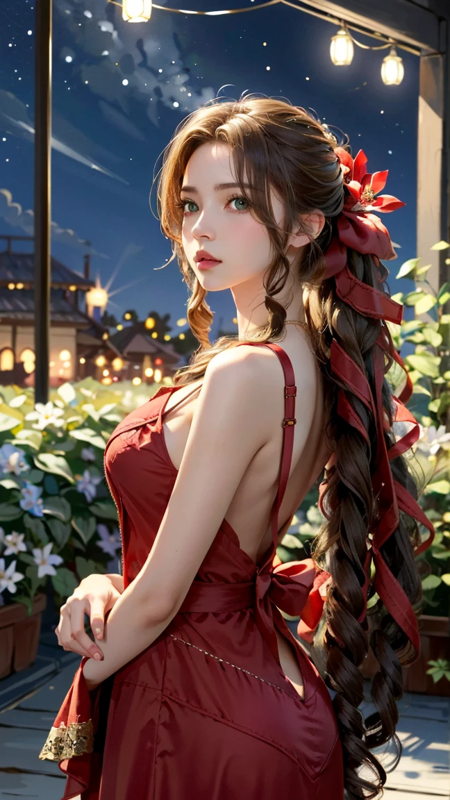 (masterpiece, best quality:1.4), (future days), (wide shot), (front shot), (1girl), solo, (european youth:1), aerith gainsborough, choker, cropped jacket, hair bow, bracelet, pink dress, brown boots, very long hair, hair ribbons, hair flowers, strapless red dress, high heels hyperrealistic, high detailed skin, dslr, soft lighting, high quality, highly detailed face, highly detailed skin, skin pores, subsurface scattering, realistic pupils, medium breast, full face blush, full lips, detailed background, depth of field, volumetric lighting, sharp focus, absurdres, realistic proportions, good anatomy, (realistic, hyperrealistic:1.4), 16k hdr,