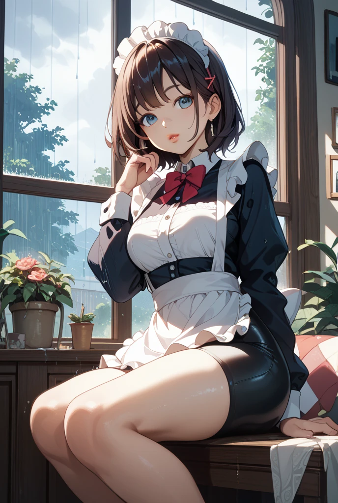maid、cute、sit、Panty shot、white pants