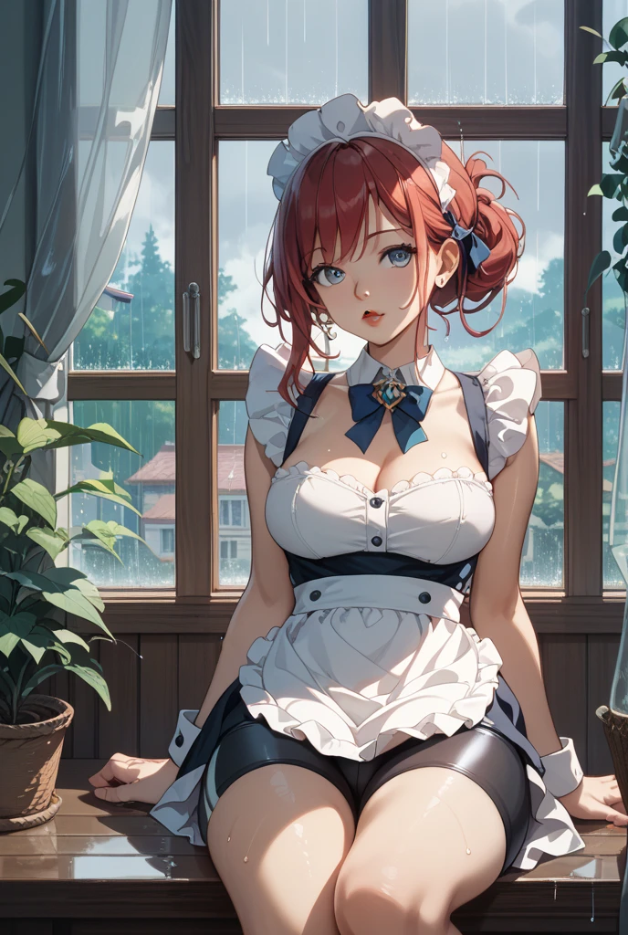 1 Girl, Solitary, masterpiece, best quality, 8k, , Garden of Eden Background, Wearing only a Japanese apron, Bare legs, Sexy legs, Attractive thighs, Slightly red face,wearing a white apron and a butterfly hair ornament, showcasing large breasts and cleavage.