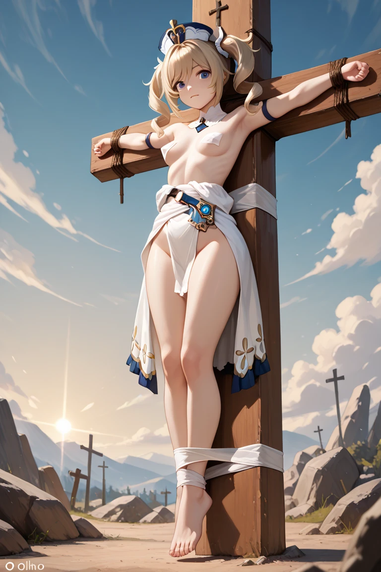 {{{nsfw:1.5}}},{{{nude:1.5}}},One girl,18-year-old,Excellent anatomy, masterpiece, Highest quality,Realistic, hyperRealistic, 16k hdr,(Metal collar,Cleavage,damaged body,Sweat,Beautiful Face,Mature Woman,Muscular Paladin,Torn Costume,Arm guard,Leg guards,Pauldrons,Body in chains:1.2),(blush,anger:1.2),(Whip marks on body and legs:1.7),Fantasy World,Outdoor,village,blue sky,(Surrounded by many vicious horny goblins,Holding a whip:1.3),(Old wooden cross with scary decoration:1.3),(Crucifixion,Spread the word_arms,Tie your arms:1.5),