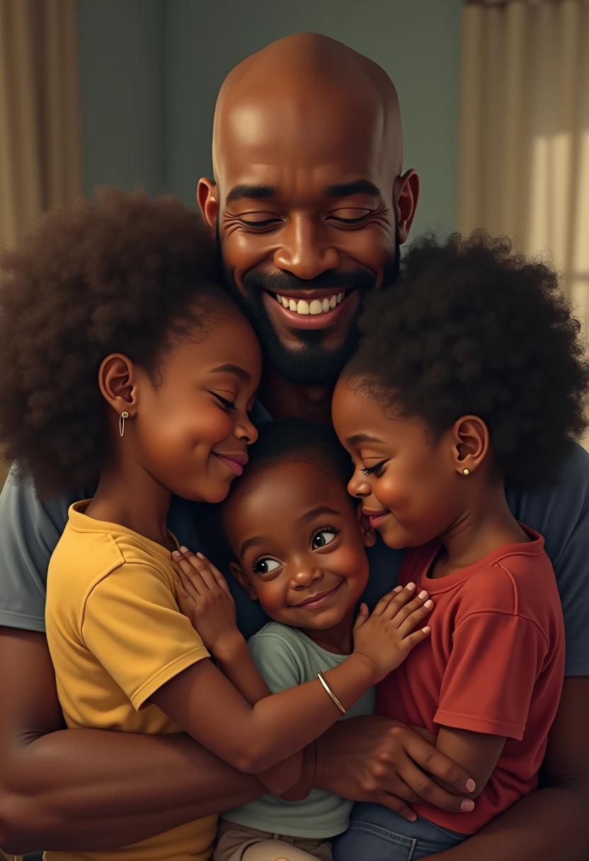 A black father in a black cap, with a white boy with curly black hair in her arms. A young brunette daughter with curly hair, On the left side, and another young white daughter with straight black hair, on the right side, happy