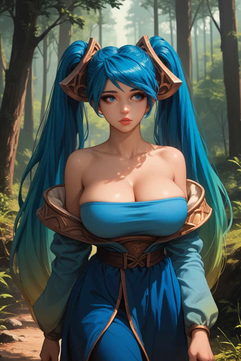Masterpiece, best quality, highly detailed, colorful, false color, depth of field, lens flare, two girls, Sona (league of legends), blue hair, blue eyes, ombre hair, double tail, hair ornament, realistic, (shortstack) , (shortstackBT), (close-up), (upper body), looking at the viewer, detailed, beautiful detailed face, smile, without clothes, seductive, collarbone, (huge breasts, saggy breasts, huge curvy breasts, sensual, Curvaceous, showing nipples)