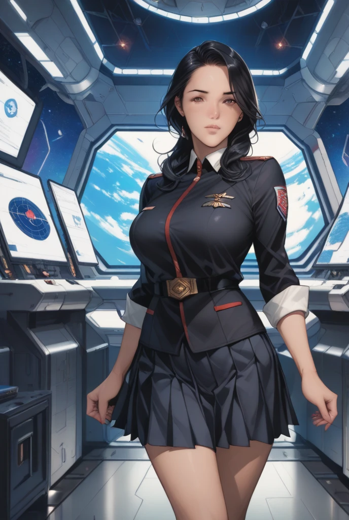 (Top Resolution, Distinct_images), Best Quality, Masterpiece, highly detaild, semi realistic, woman with short black hair, mature woman, Triple bangs, black uniform, black pleated skirt, military uniform, medal, Magnificent military uniform, Beautiful Woman, Spaceship Space, Control Room, commander