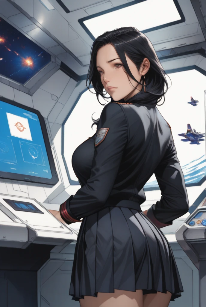 massive hair huge tits breasts muscles expressionless sad girl black hair long hair yellow eyes pale skin extremely thick ((alien suit inside spaceship cockpit))