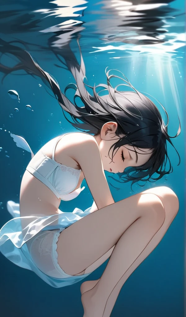 32k, best quality, ultra high res, HDR, UHD, extremely detailed CG, unity 32k wallpaper, Visible through the white shirt (((masterpiece, highest quality)), No pants, 1 girl, alone, White Background, Black Hair, Long Hair, Absolute area, skirt, ((whole body)),