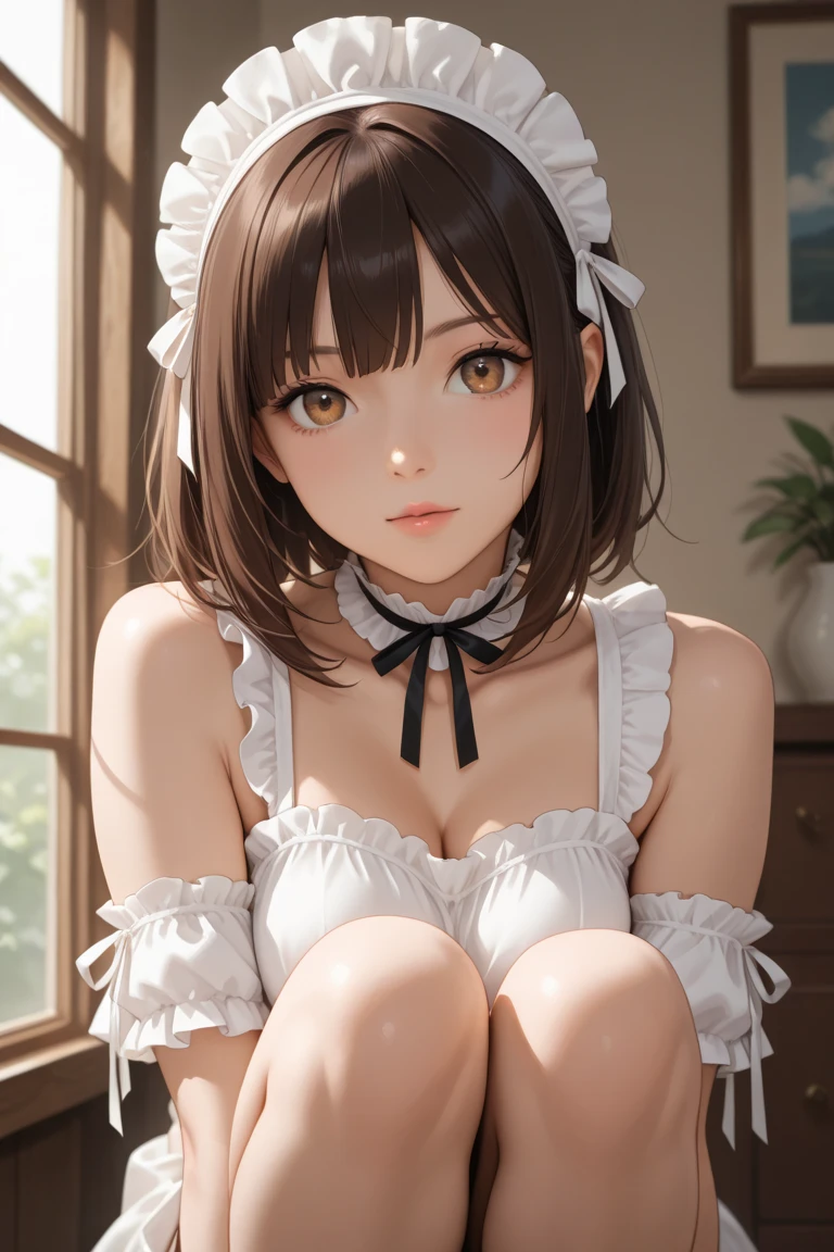 muste piece、masterpiece、highest quality、Super detailed、High resolution、8K portrait、High definition CG of Unity 8k wallpaper、cute type little:1.5、Lori:1.5、Highly detailed CG unity 8k wallpaper、Realistic、real person、 portrait photography、shiny skin、High definition、(16 years old:1.2)、(1 girl)、beautiful clear eyes、extremely detailed description、delicate face、nice lips、slender body、small breasts、thin waist、thin legs、(garden:1.6)、1 girl, cute type, perfect face, seriously, (blush:1.5),(brown hair bob hair:1.3),(small breasts:1.3),((Maid clothes:1.3)),(black dress),(half nude),(I have nipples:1.2),(looking at view),(from front),gran,((climax in vagina:1.5)),(arms on head),(leaning forward)