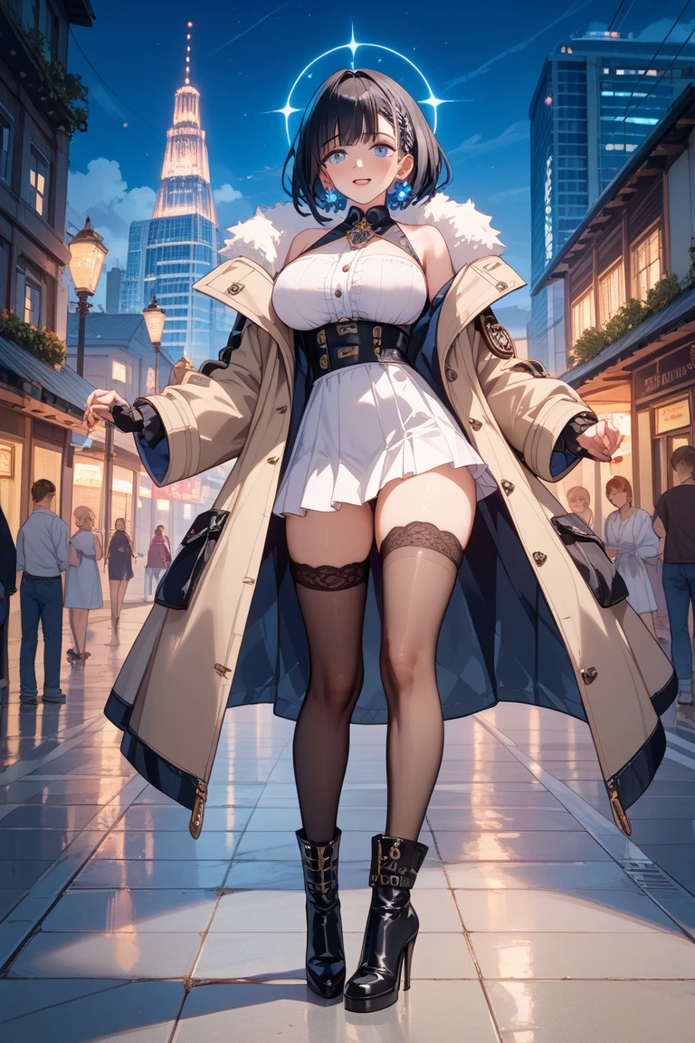 brown hair、Drooping eyes、ponytail、round glasses、long hair、big breasts、big breasts、thighs、Easygoing、Fur bikini、fur vest、Button is open、hands behind head、knee high socks、raise your legs、blush、winter city、Light up at night