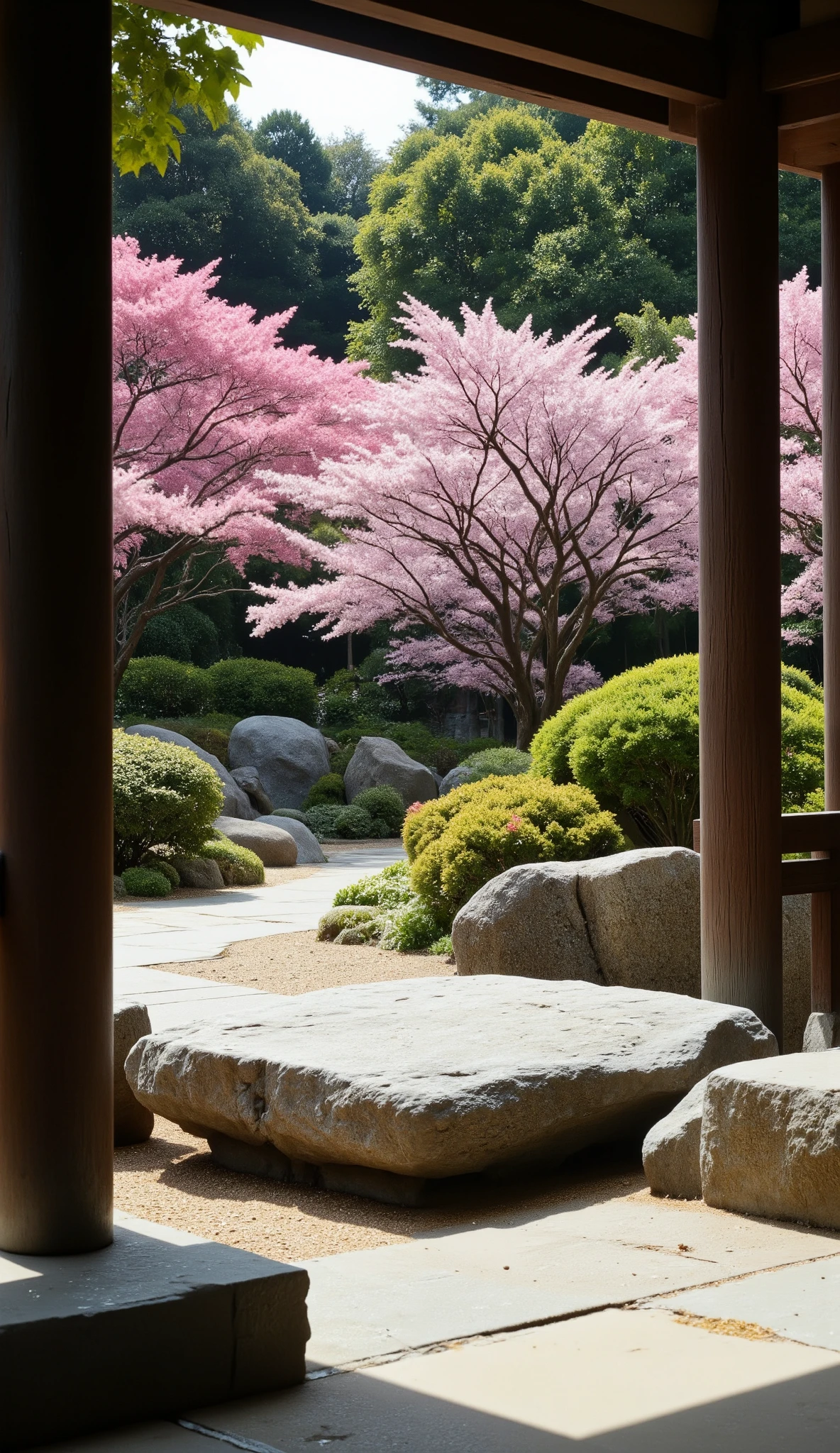 I'm imagining、Masterpiece of Japanese Garden Images 、Balance between Large Stones and Plantings 、Magnificent Dramatic Expression 、 Garden Beauty of Kyoto Temples、 Sand creeps clean like waves and is cleansed、 Flowers bloom along the opposite wall、 Top Quality Delicate Details 、ultra clear 、 Screen Environment 、 realistic shadows 、 Garden Aesthetics。
