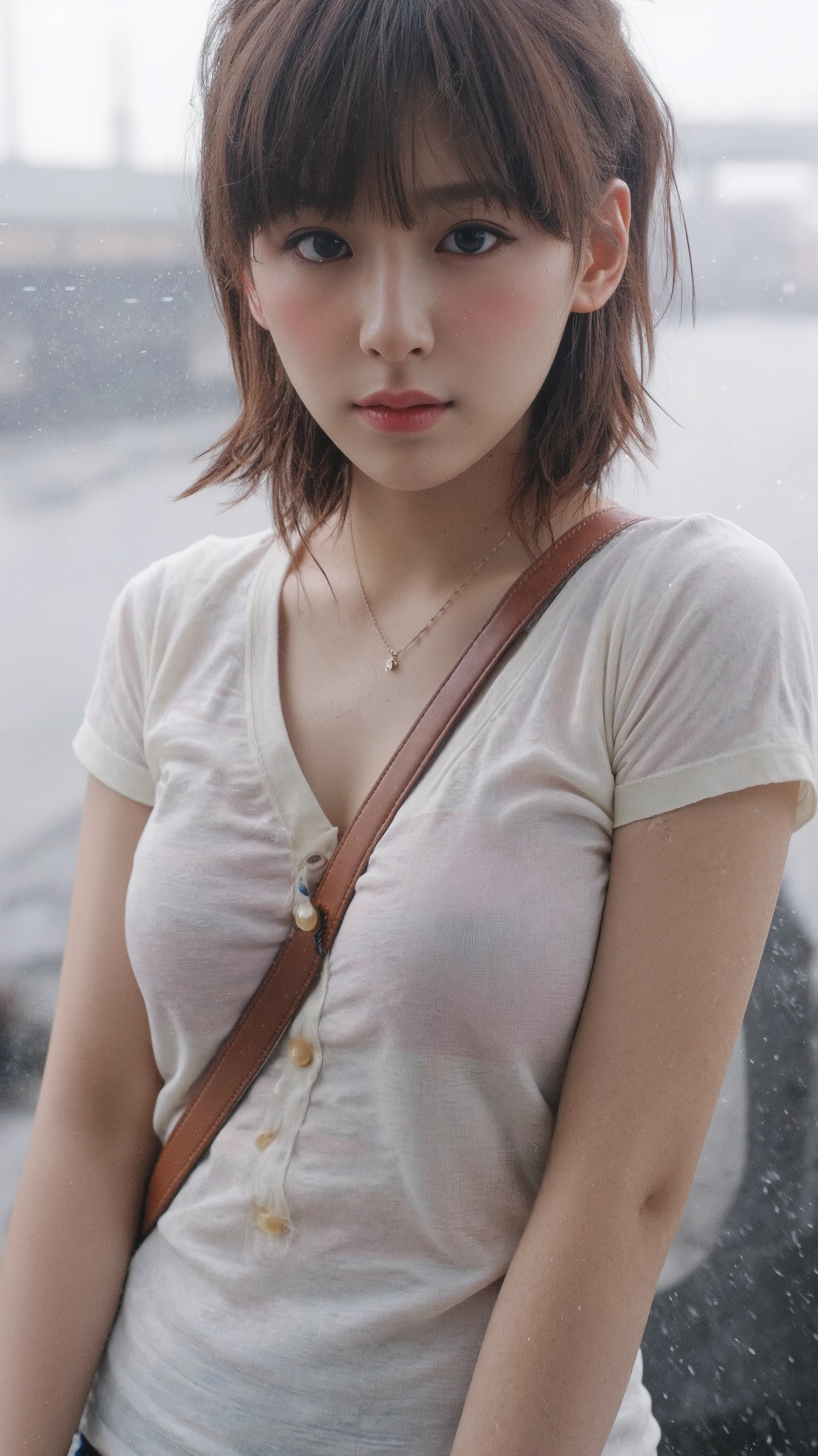 A photorealistic, ultra-high-quality image of a young woman standing still in the middle of a gloomy, rainy Tokyo intersection. The sky is overcast and the entire scene is soaked in a cold, gray atmosphere. Crowds of people with umbrellas pass by, completely ignoring her presence. She stands alone in the pouring rain, without an umbrella, completely drenched. Her thin white T-shirt clings to her skin, partially translucent from the rain, and her shorts and sandals are soaked through. Water drips from her short, wet hair, which sticks to her face and neck. She looks downward with her head slightly tilted, but her sharp, piercing eyes stare directly at the viewer with an intense, defiant gaze. The heavy rain blurs the background slightly, adding to the feeling of isolation. The mood is somber and oppressive, filled with a sense of sadness and quiet strength. The composition is front-facing, capturing every wet detail and the emotional weight of the moment.、A light pink bra is visible underneath the T-shirt.、Tシャツはクロップド丈、カバンのストラップが胸の間を通る