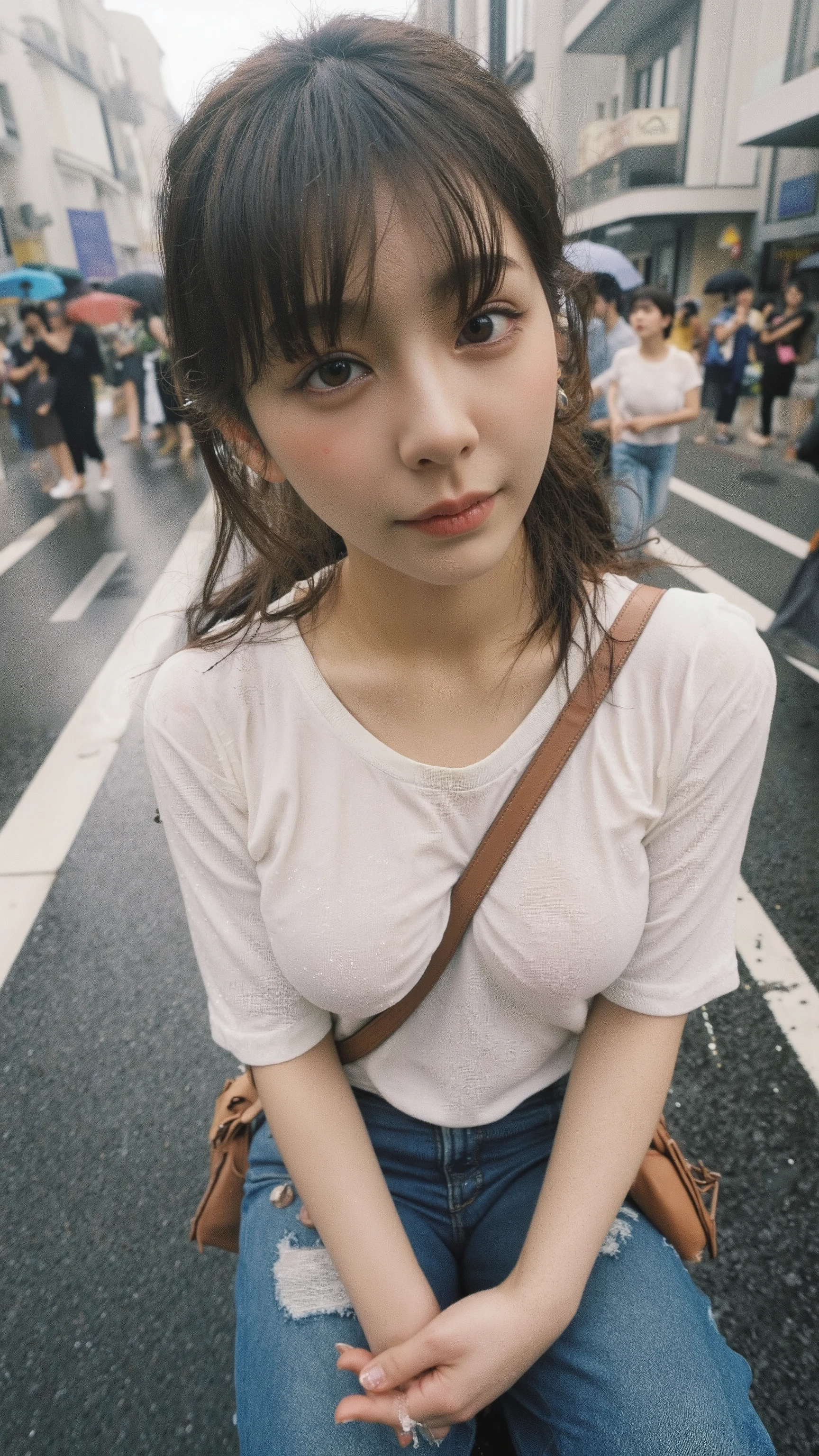 A photorealistic, ultra-high-quality image of a young woman standing still in the middle of a gloomy, rainy Tokyo intersection. The sky is overcast and the entire scene is soaked in a cold, gray atmosphere. Crowds of people with umbrellas pass by, completely ignoring her presence. She stands alone in the pouring rain, without an umbrella, completely drenched. Her thin white T-shirt clings to her skin, partially translucent from the rain, and her shorts and sandals are soaked through. Water drips from her short, wet hair, which sticks to her face and neck. She looks downward with her head slightly tilted, but her sharp, piercing eyes stare directly at the viewer with an intense, defiant gaze. The heavy rain blurs the background slightly, adding to the feeling of isolation. The mood is somber and oppressive, filled with a sense of sadness and quiet strength. The composition is front-facing, capturing every wet detail and the emotional weight of the moment.、A light pink bra is visible underneath the T-shirt.、Tシャツはクロップド丈、カバンのストラップが胸の間を通る