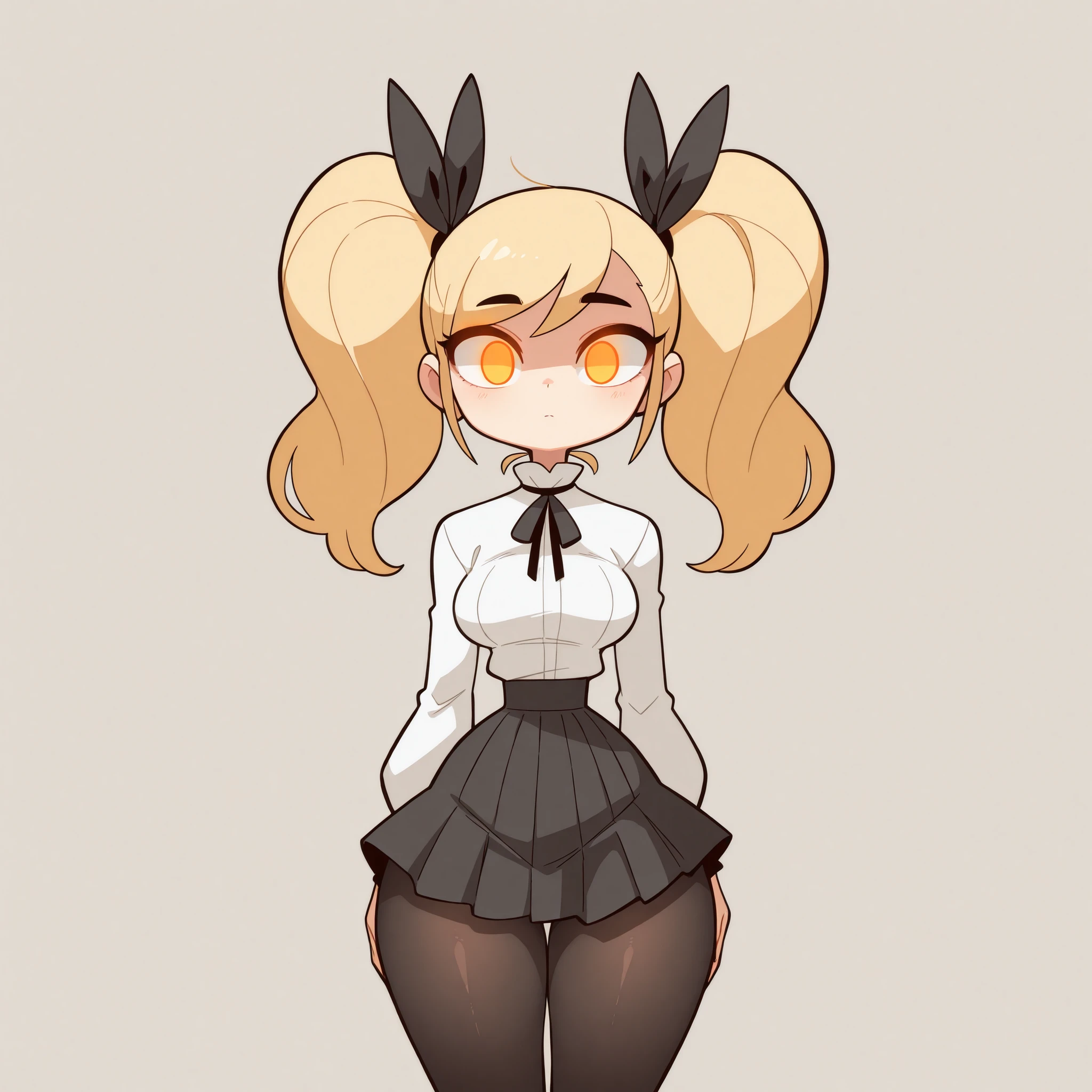 masterpiece, best quality, amazing quality, very aesthetic, absurdres, high res, shiny skin, diives, 1girl, solo, long blonde hair, twin pigtails, straight hair, orange eyes, glowing eyes, medium breasts, narrow waist, wide hips, thick thighs, white blouse, black ribbon, black pleated skirt, black pantyhose, expressionless, cute, standing, looking at viewer, simple background, from the front view, shiny skin, high res