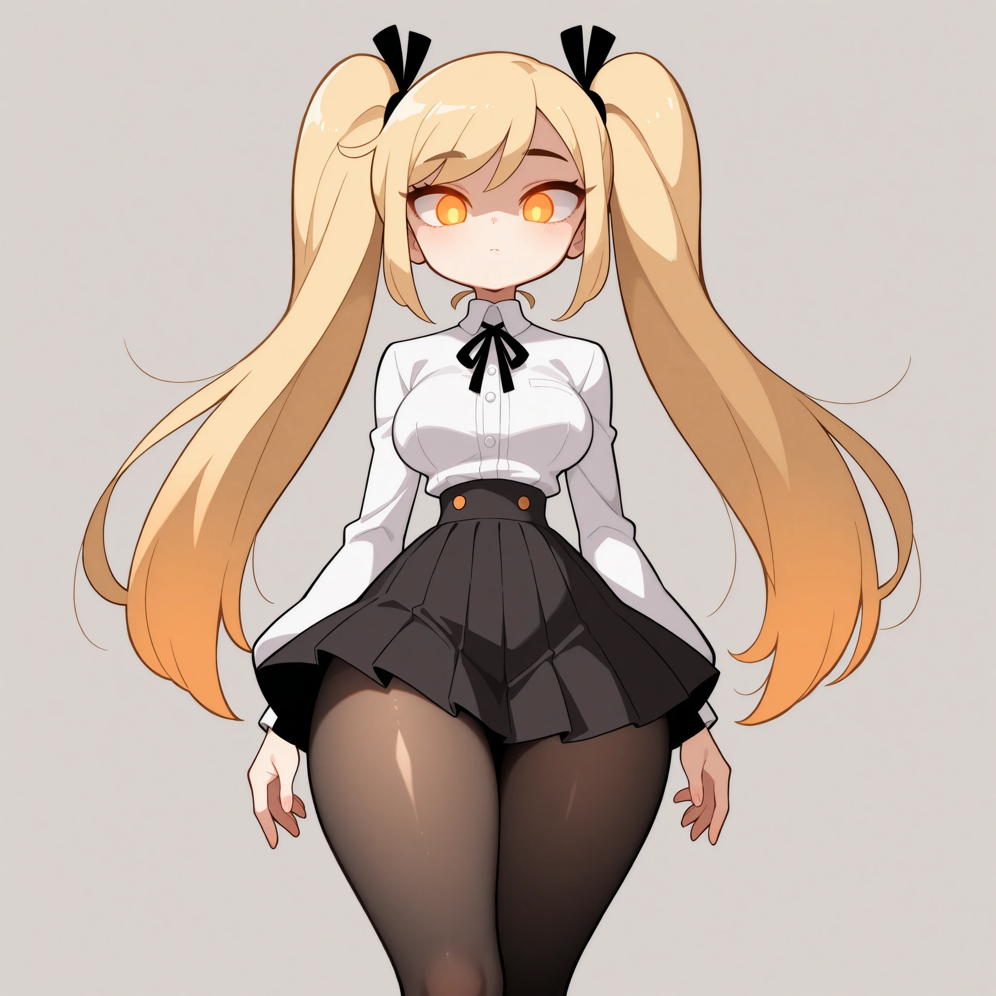 masterpiece, best quality, amazing quality, very aesthetic, absurdres, high res, shiny skin, diives, 1girl, solo, long blonde hair, twin pigtails, straight hair, orange eyes, glowing eyes, medium breasts, narrow waist, wide hips, thick thighs, white blouse, black ribbon, black pleated skirt, black pantyhose, expressionless, cute, standing, looking at viewer, simple background, from the front view, shiny skin, high res