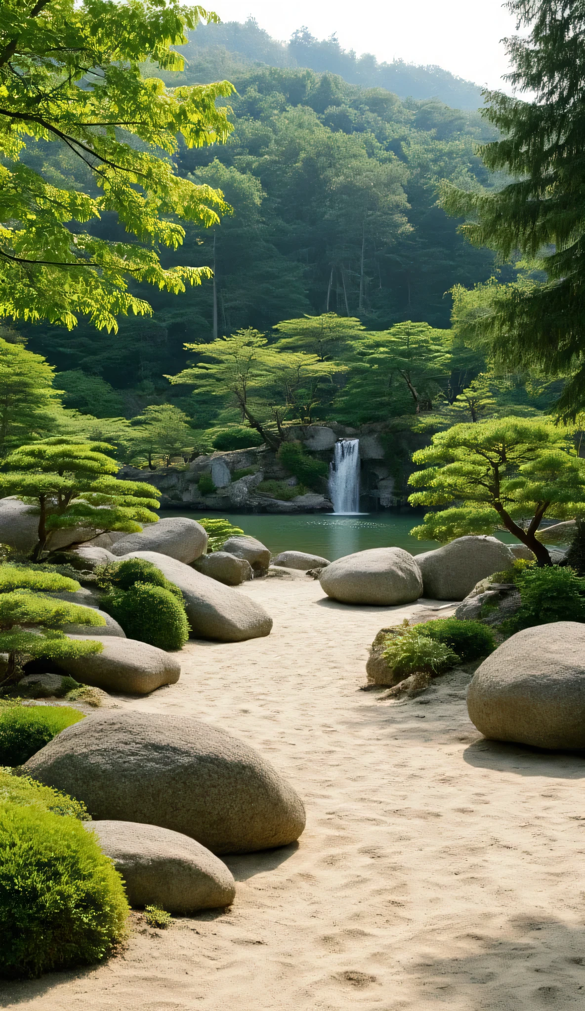 I'm imagining、Masterpiece of Japanese Garden Images 、 The balance between large stones and plantings arranged in a well-balanced manner in the sand 、(people after the tag)、Spectacular Dramatic Expression Strong Style Stunning Japanese Craftsmanship to Create Large Gardens、 Crystal Water Top Quality Panoramic Images with Delicate Details 。