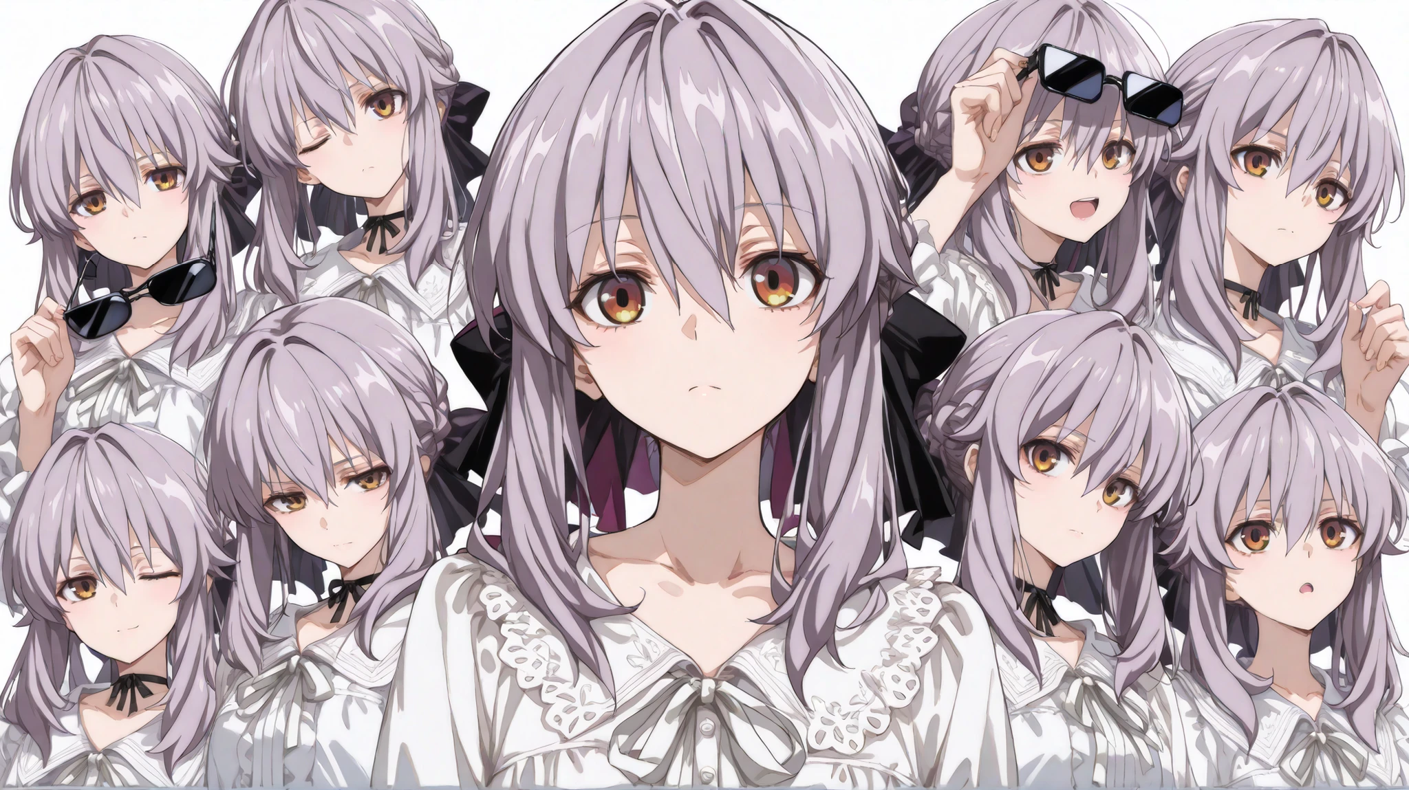 (masterpiece, top quality, completely completed:1.4),collage art、Shinoa from owari no seraph、beautiful girl、upper body、Blouse、sunglasses、Show your eyes through the gaps、various expressions、9 divided、wink