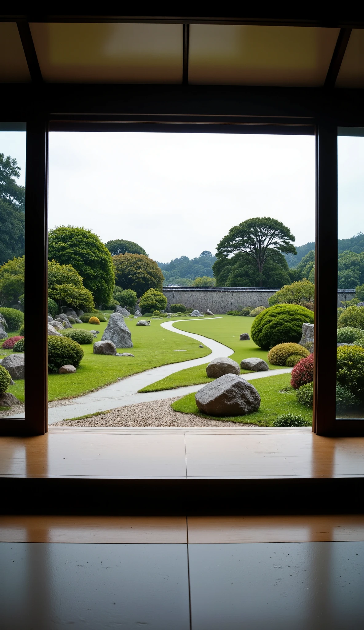 I'm imagining、 A masterpiece of Japanese garden images、 The balance between large stones and plantings arranged in a well-balanced manner in the sand、  Spectacular dramatic expressive style Create a large garden with superb Japanese craftsmanship、 Top quality panoramic images with fine detail、The wall beyond the furthest point of view。