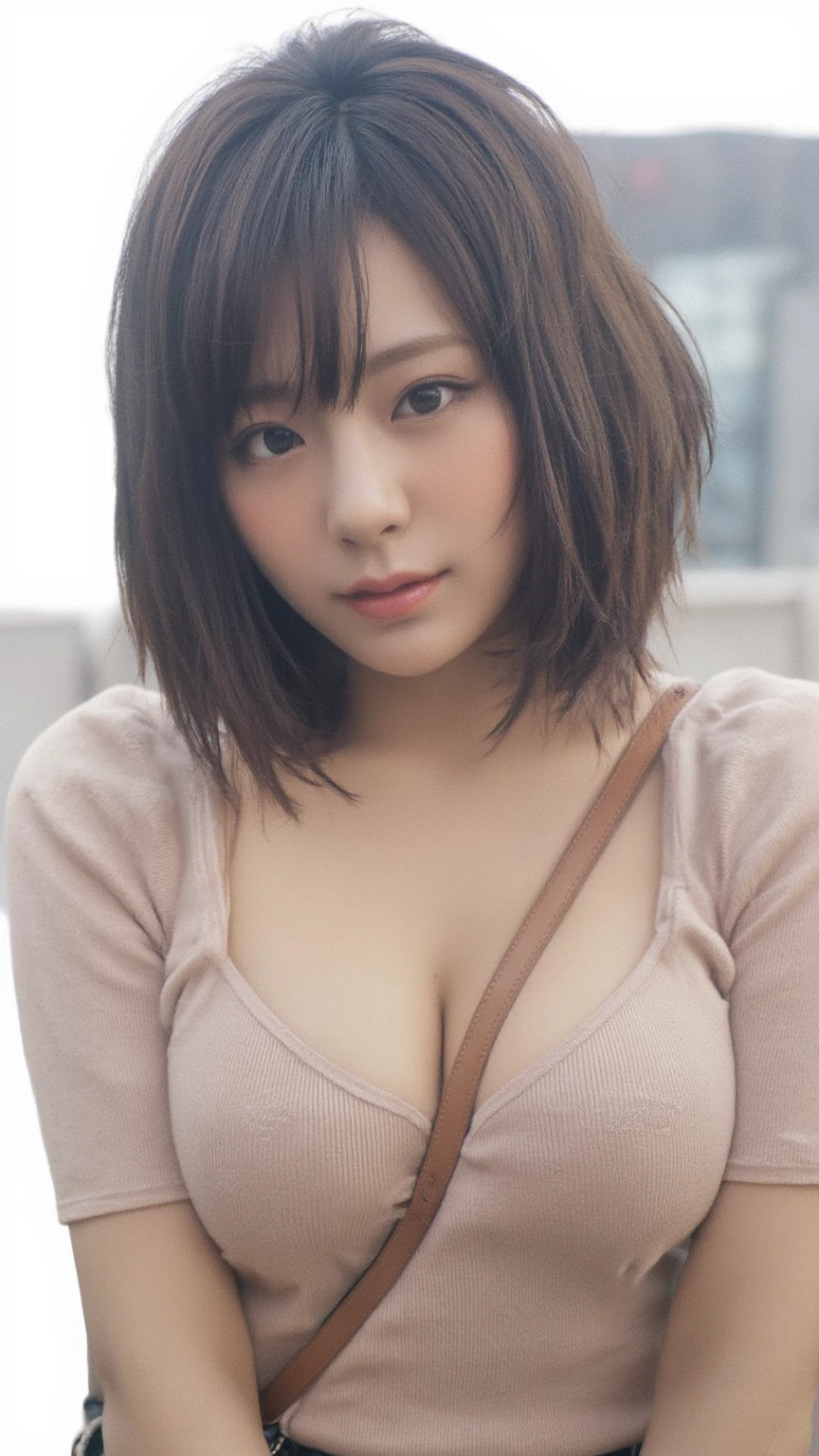 NSFW,harf nude,nipple,wolf cut hair, Japanese school girl,