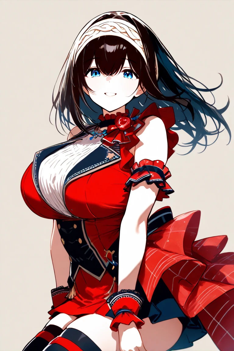 (8K, Best quality, tmasterpiece:1.2),\(eye detailed\),(\(Clothes detail details\)\),full bodyesbian,(huge tit),(Facial focus) ,Very detailed CG unity 8K wallpaper,hugefilesize,ultra - detailed,A high resolution,absurderes,beautidful eyes,Ray traching,dramatic shadow,finely detailled,Dramatic angles,Hyper-detailing,(1 girl:1.3),(Solo),,Mature female,Long hair black,Green eyes,Wearing(cosplaying_magical girl,very cute red dress with ruffles,Large Ribbon Bow Tie Back),