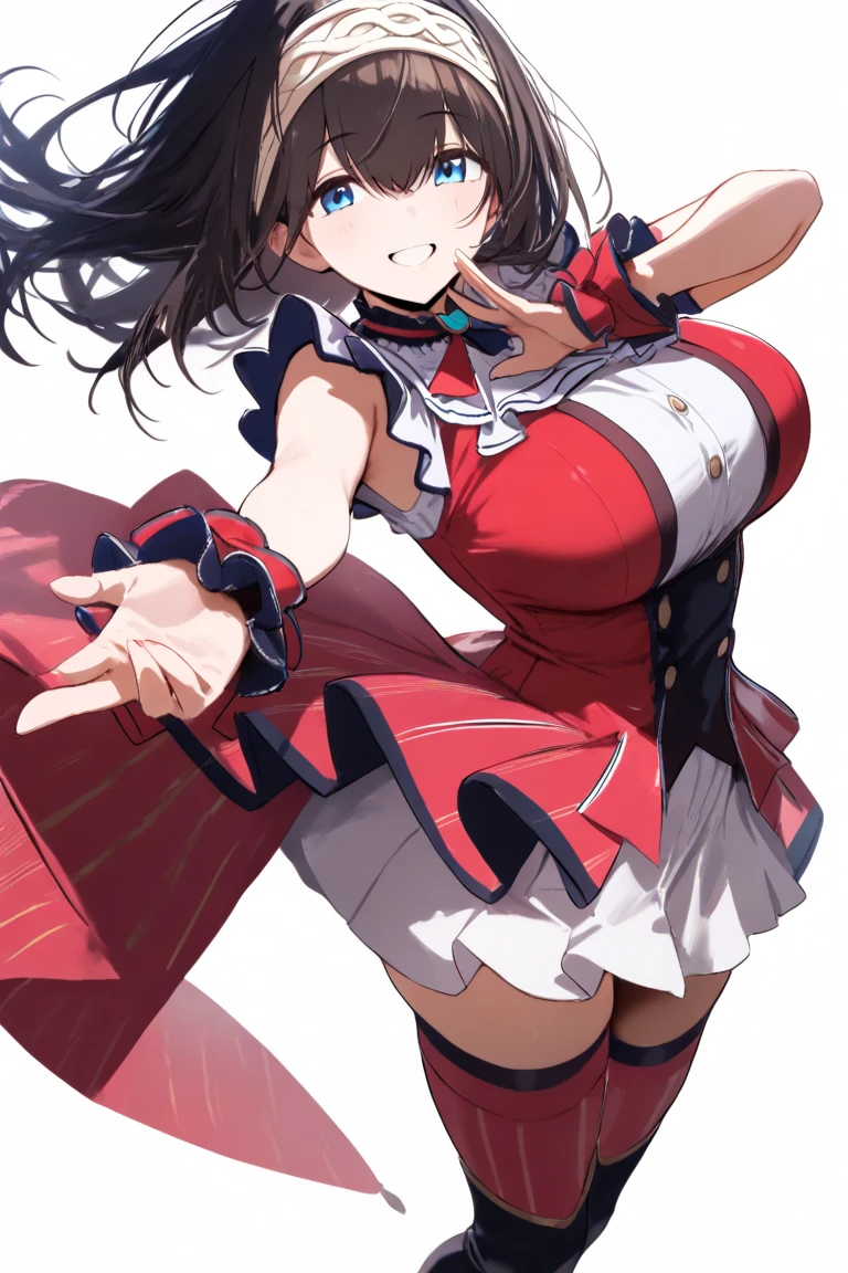(a closeup、16 K、top-quality、high detailing、rich skin detail、nffsw)、Watch everywhere、obedience、large full breasts、Parted bangs、Medium Hair、Blue eyes、blushed、big butts、Raising arms、Raising legs、very large thighs、Arms behind your head、Bound arms、Breasts out、a red jacket、a miniskirt、pantyshot、Armpits、Blue hair ornament、white knee-socks、White Gloves、Torn clothing、pleats_Skirt、Dark hair、Orange ribbon