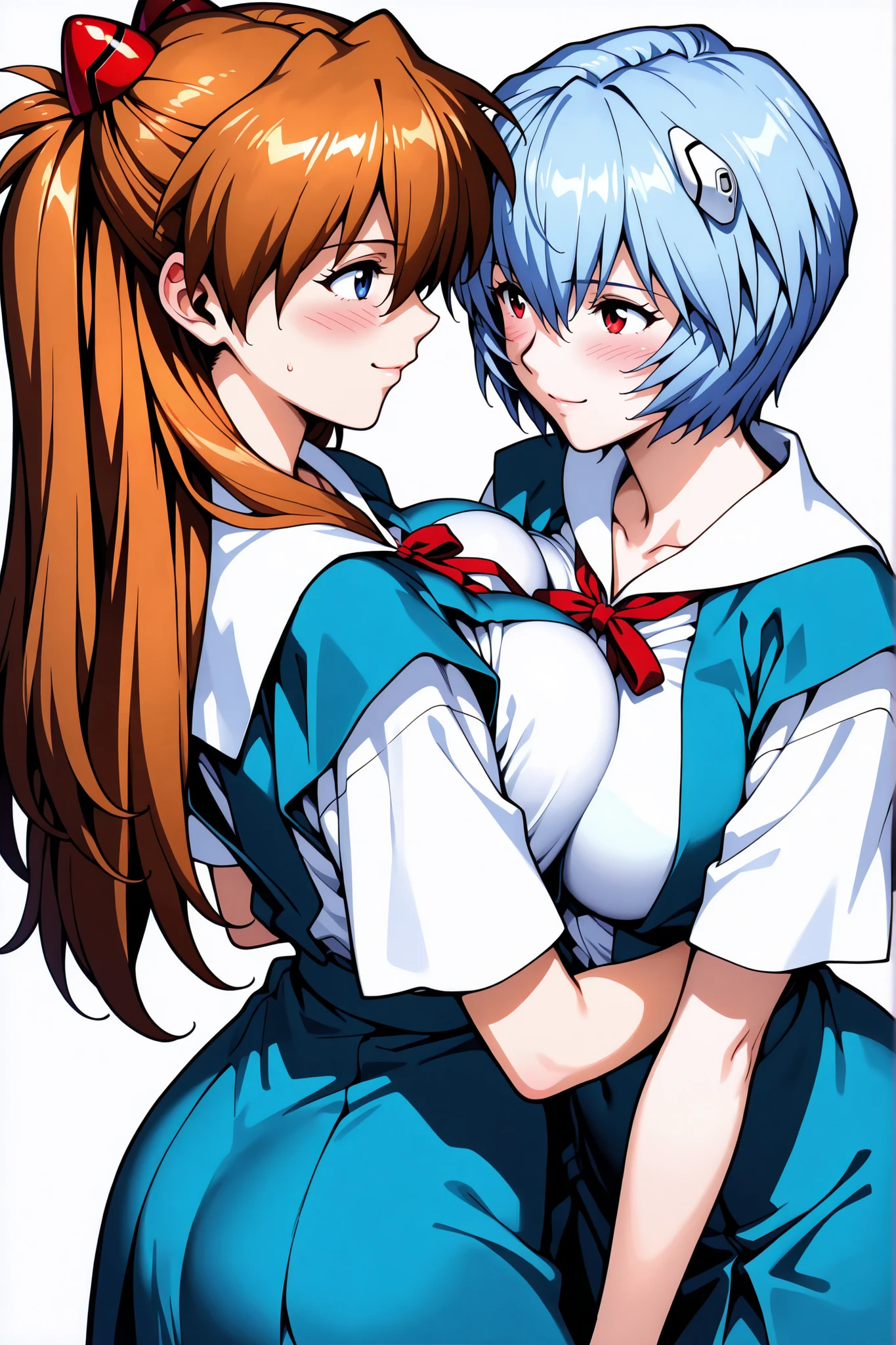 score_9, score_8_up, score_7_up, score_6_up, source_Evangelion
highly detailed eyes, perfect eyes:1.1, 1 girl, feminine, bust shot, (2 women, Rubbing Each Other's Breasts, breast press, Looking at Each Other, lover, LOVE),
best quality, details, newest, AI-generated, ultra high resolution, standing,
curvilinear, anatomically correct, detailsな肌, white background, no background, less eye blow, tokyo-3 middle school uniform, smile, blush, (Soryu Asuka Langley, video, long hair, blue eyes),
(Ayanami Rei, blue hair, short hair, red eyes), (big breasts:1.3), white background, no background, Ayanami ReiとSoryu Asuka LangleyRubbing Each Other's Breasts,