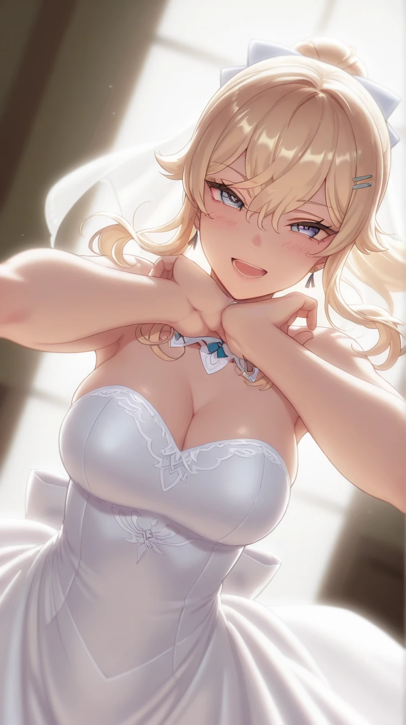 30 years old woman, milf, beautiful, short white hair, crimson eyes, pale white skin, amazing Body, big breasts, thick thighs, milkmaid, white super small translucent chinese dress, without bra, pose simple, blurred background. No blur, perfect lines and details, (masterpiece), clothes barely covers her skin. No panties, perfect detailed colors amd shadows, full body picture. Erotic woman, half naked, most erotic girl on the planet