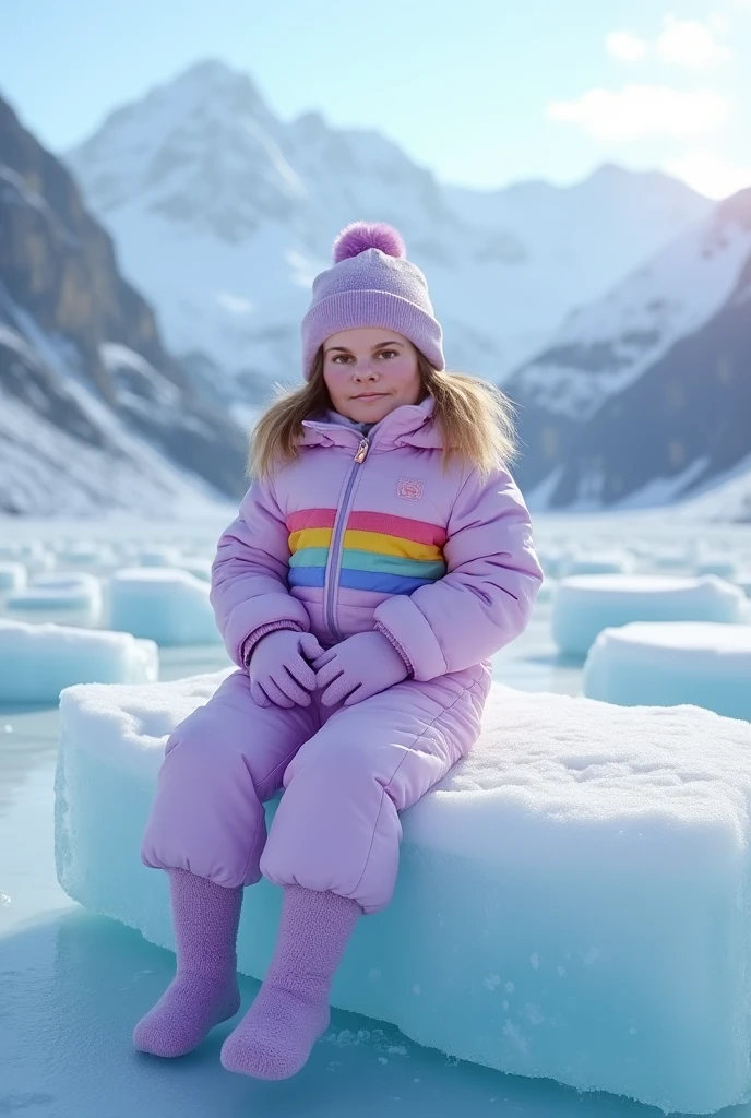 Girl skating on frozen lake, rainbow in background, sunny weather, falling snow