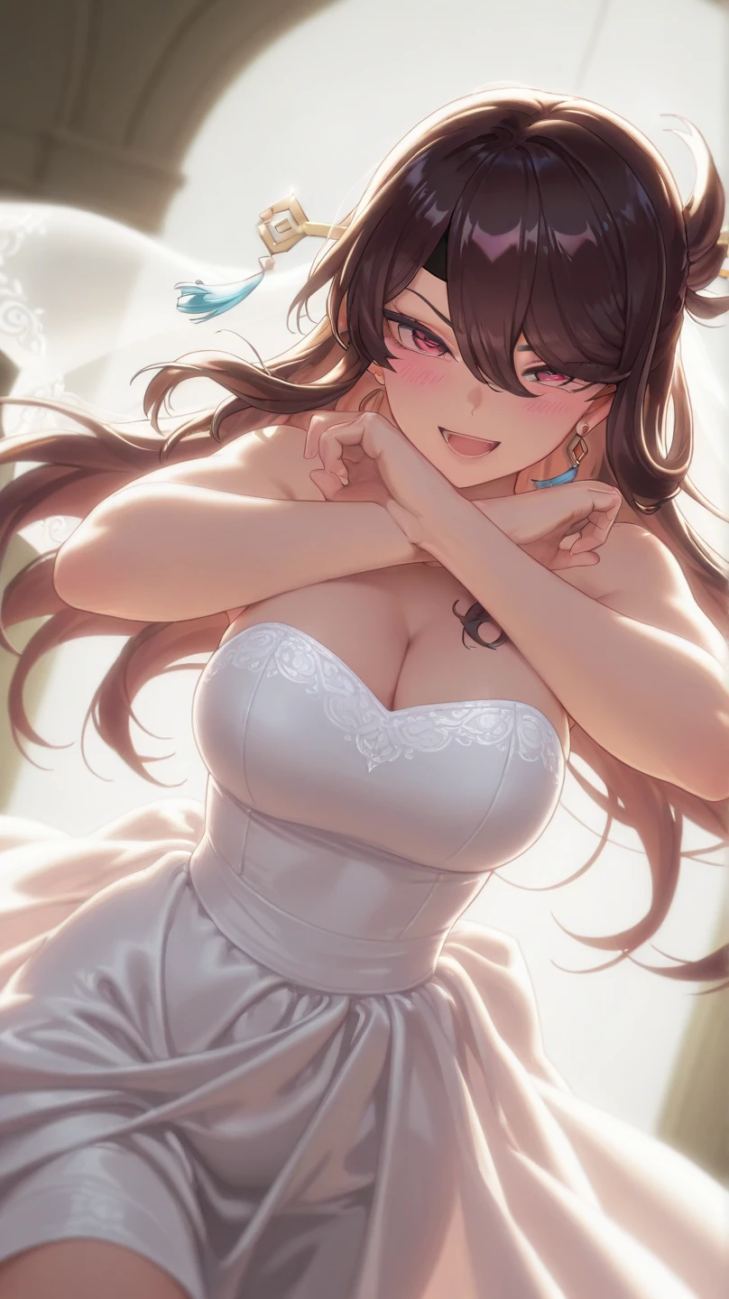 nozomitoujou, nozomi toujou, brown hair, short curly hair, breasts, masterpiece, best quality, high resolution, extremely detailed face, good lighting, detailed CG, messy hair, glossy lips, eyes closed, (tears on cheeks), wedding dress, elbow gloves, necklace, (dungeon, jail cell), (wrists tied, arms above head)