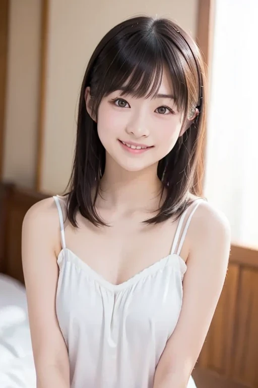 masutepiece, Best Quality, One girl, (Beautiful Girl:1.3), (:1.2), Very fine eye definition, (Symmetrical eyes:1.3), NSFW, (Put out naked, Cute sleeveless:1.3), Beautiful breasts, Brown eyes, Parted bangs, Brown hair, Upper teeth,Bedrooms,A smile,profile,Transverse breasts,Angle seen from the side,Fold your hands behind your back,Full body,