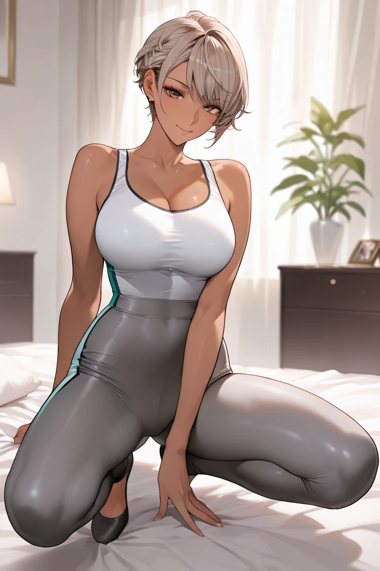 a pretty firm fit hearty healthy toned Russian women wearing total blacked full zipped velour sport jump suit as a second skin sitting on armchair, 16K