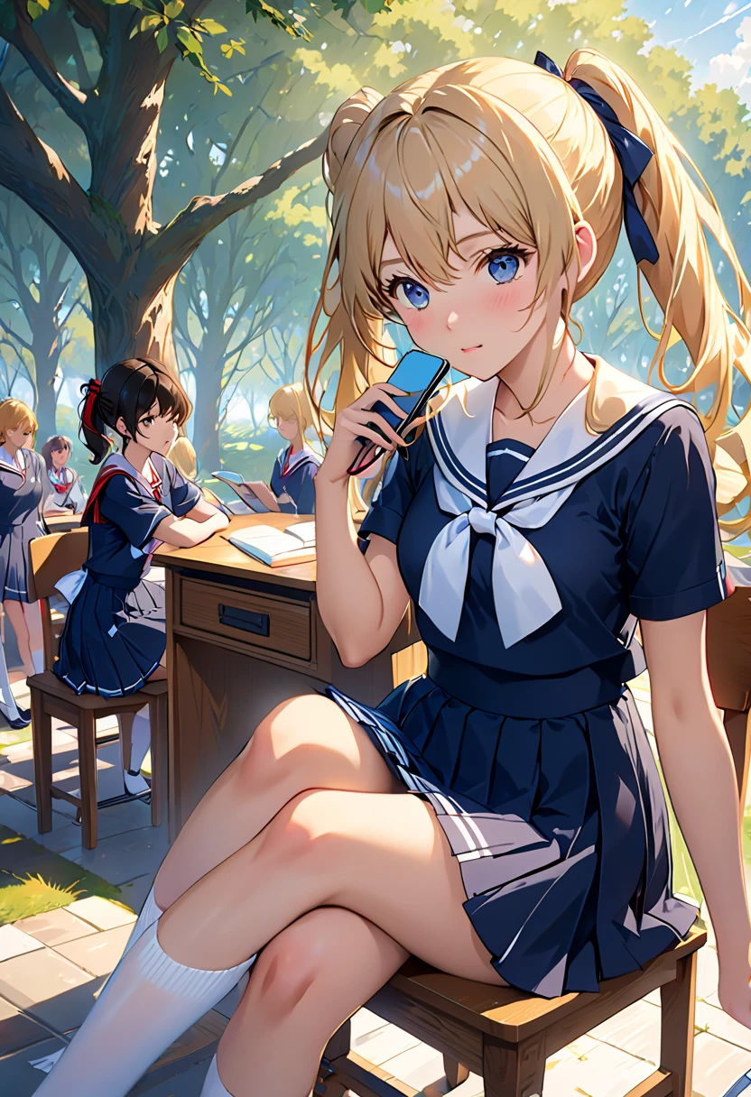 (extremely detailed CG unity 8k wallpaper,masterpiece, best quality, ultra-detailed),school classroom setting,sunlight filtering through trees,beautiful blonde high school girl with twintails and ahoge(D-cup),smartphone in hand,fidgeting with it,beautiful black-haired high school girl,thin and flat-chested, wearing sailor uniform,sitting on chair and having conversation with blonde girl who is sitting on desk,in the evening.
