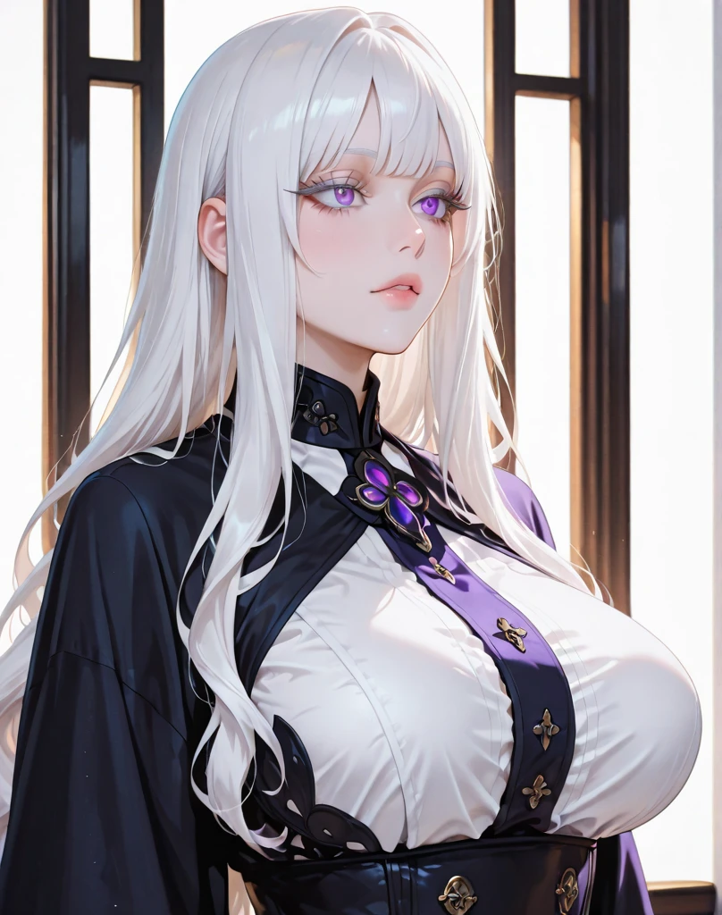 (((Itsuka Shido(date a live))),((gender bender,white hair,dark purple_eyes,cowboy shot,long straight hair)),((school uniform,gigantic breasts swelling,huge stature))