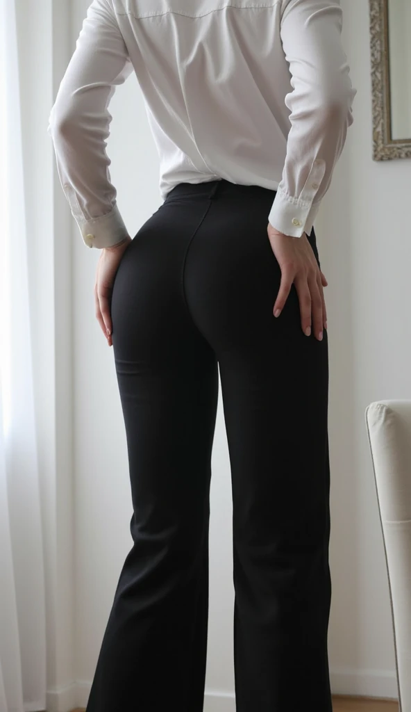 Teacher with long dark wavy hair and bangs,POV from behind and above, Sexy outfit, she is bending over her desk in a classroom, she pulls up her micro leather skirt to flash her sheer black pantyhose, cute butt in pantyhose, she is turning back to look at the viewer seductively, beautiful face and eyes, naughty teacher, can see shaved vagina through her pantyhose from behind, seamless high gloss pantyhose, pantyhose cameltoe